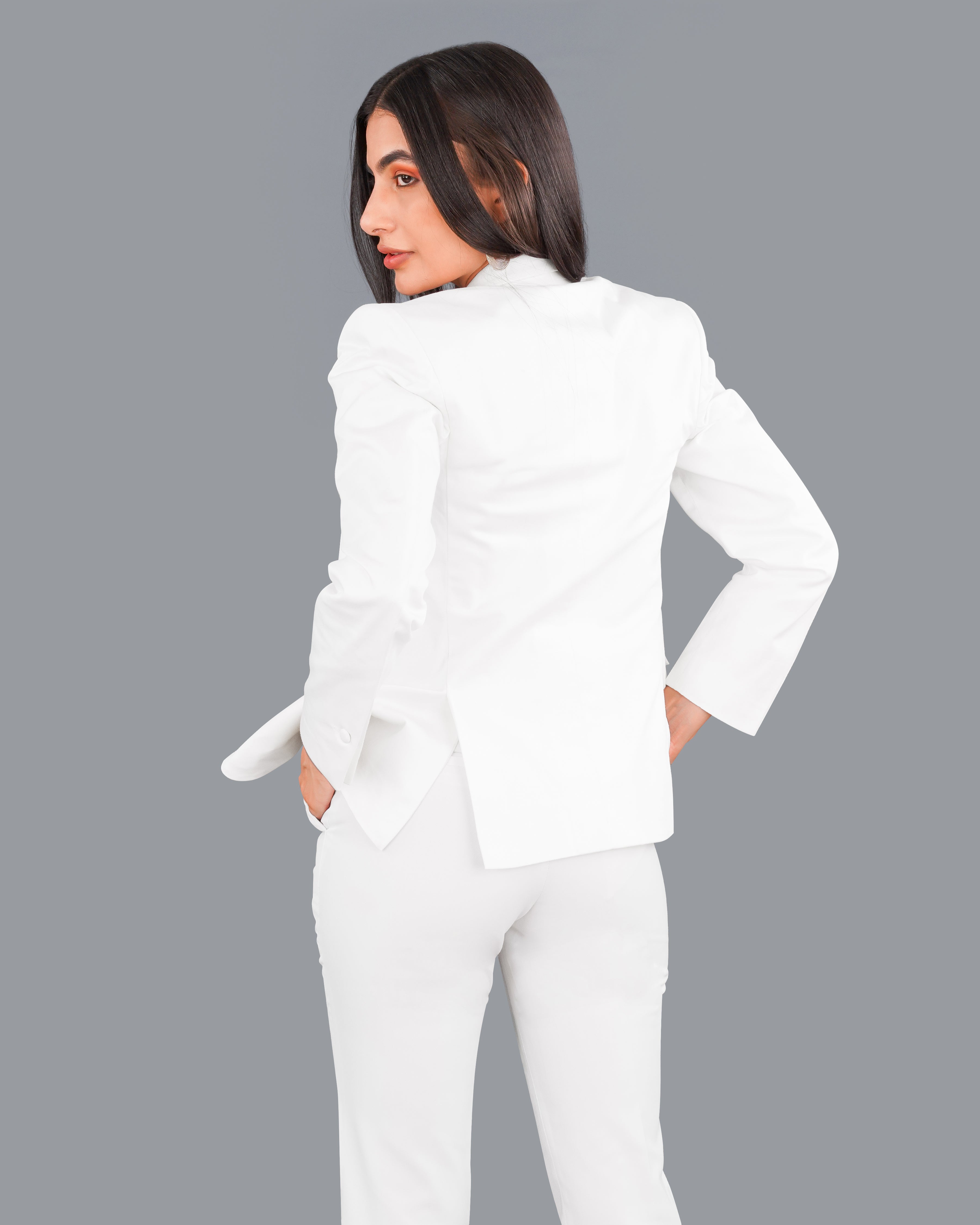 Bright White with Black Patch Collar Premium Cotton Women's Suit WST005-SB-BKPL-FB-32, WST005-SB-BKPL-FB-34, WST005-SB-BKPL-FB-36, WST005-SB-BKPL-FB-38, WST005-SB-BKPL-FB-40, WST005-SB-BKPL-FB-42