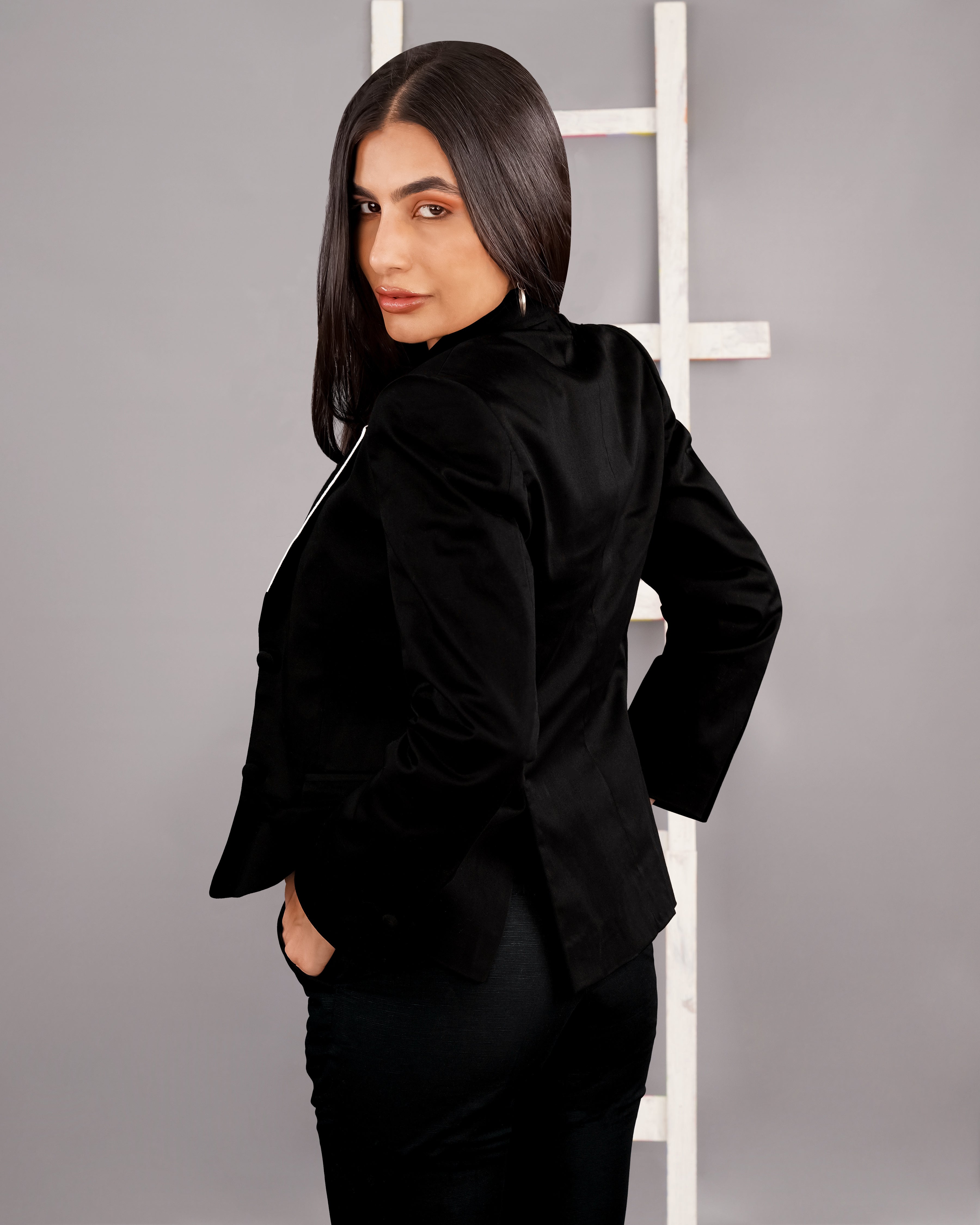 Jade Black with White Borders Premium Cotton Women's Suit WST003-SB-1B-FB-32, WST003-SB-1B-FB-34, WST003-SB-1B-FB-36, WST003-SB-1B-FB-38, WST003-SB-1B-FB-40, WST003-SB-1B-FB-42