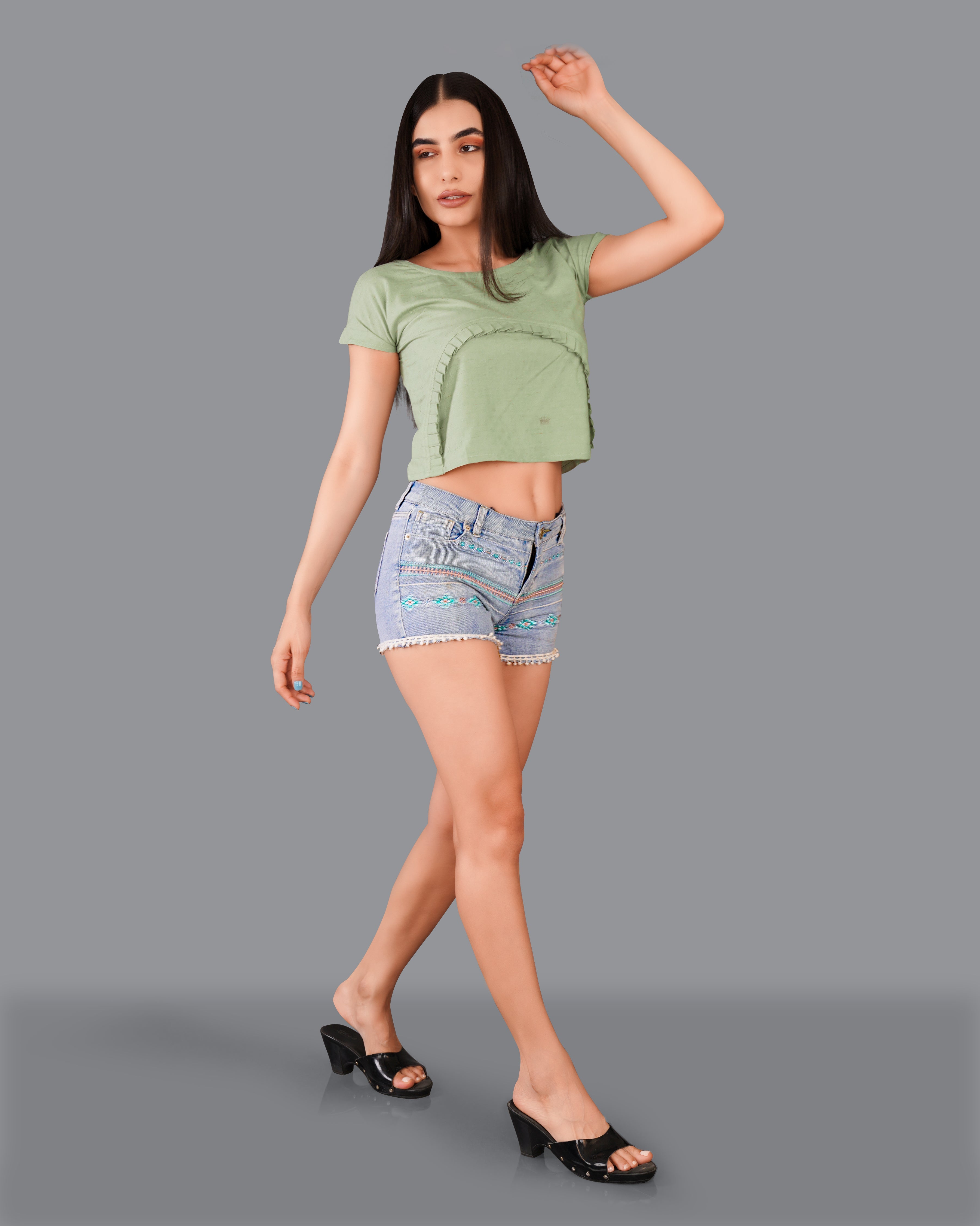 Asparagus Green Pleated Premium Cotton Crop Top WTP016-32, WTP016-34, WTP016-36, WTP016-38, WTP016-40, WTP016-42