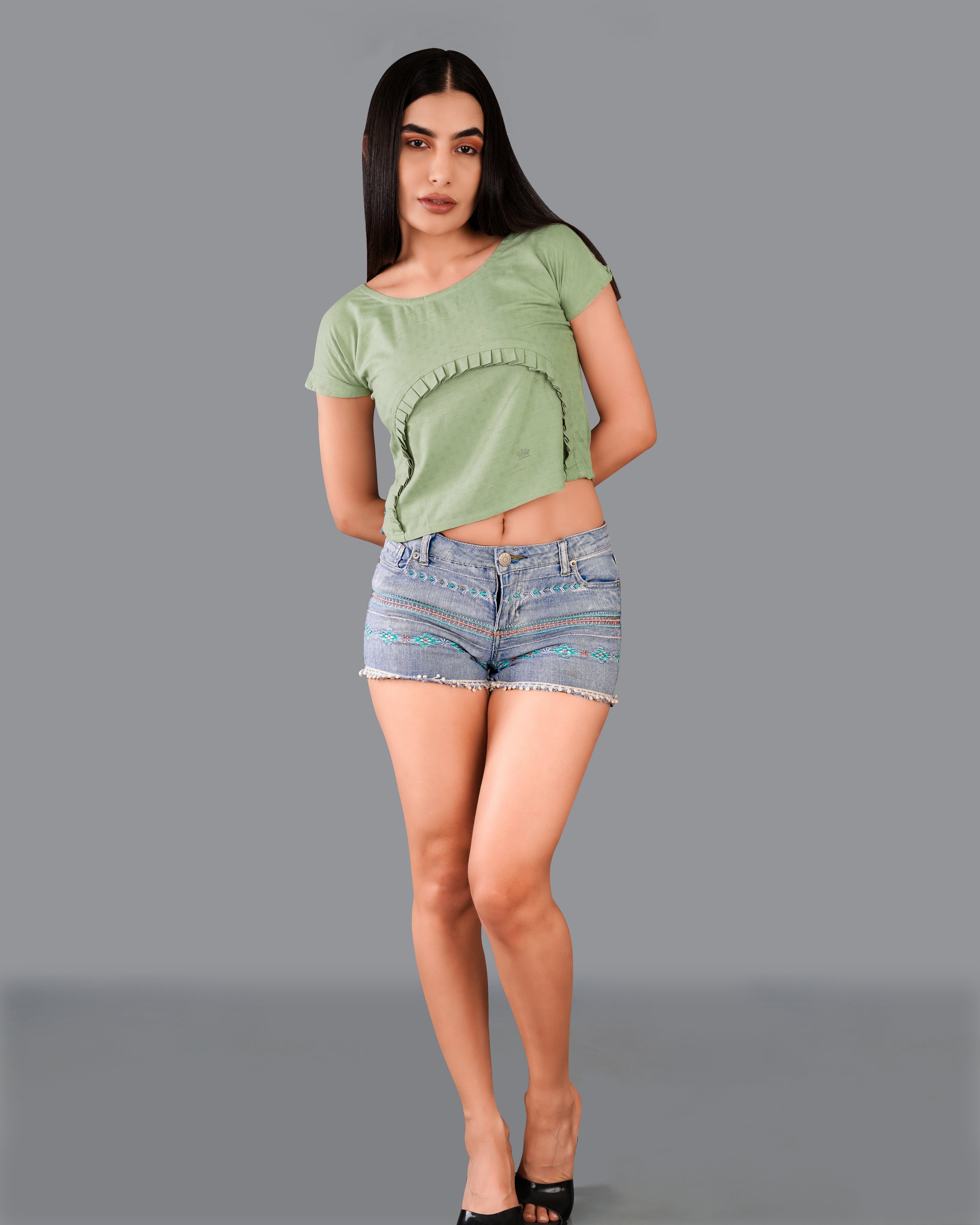 Asparagus Green Pleated Premium Cotton Crop Top WTP016-32, WTP016-34, WTP016-36, WTP016-38, WTP016-40, WTP016-42