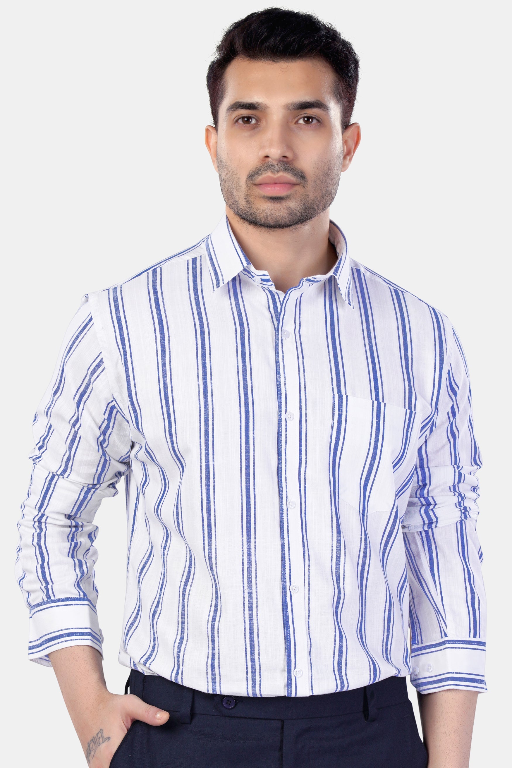 7swords-Bright White with Wild Yonde Blue Striped Premium Cotton Shirt