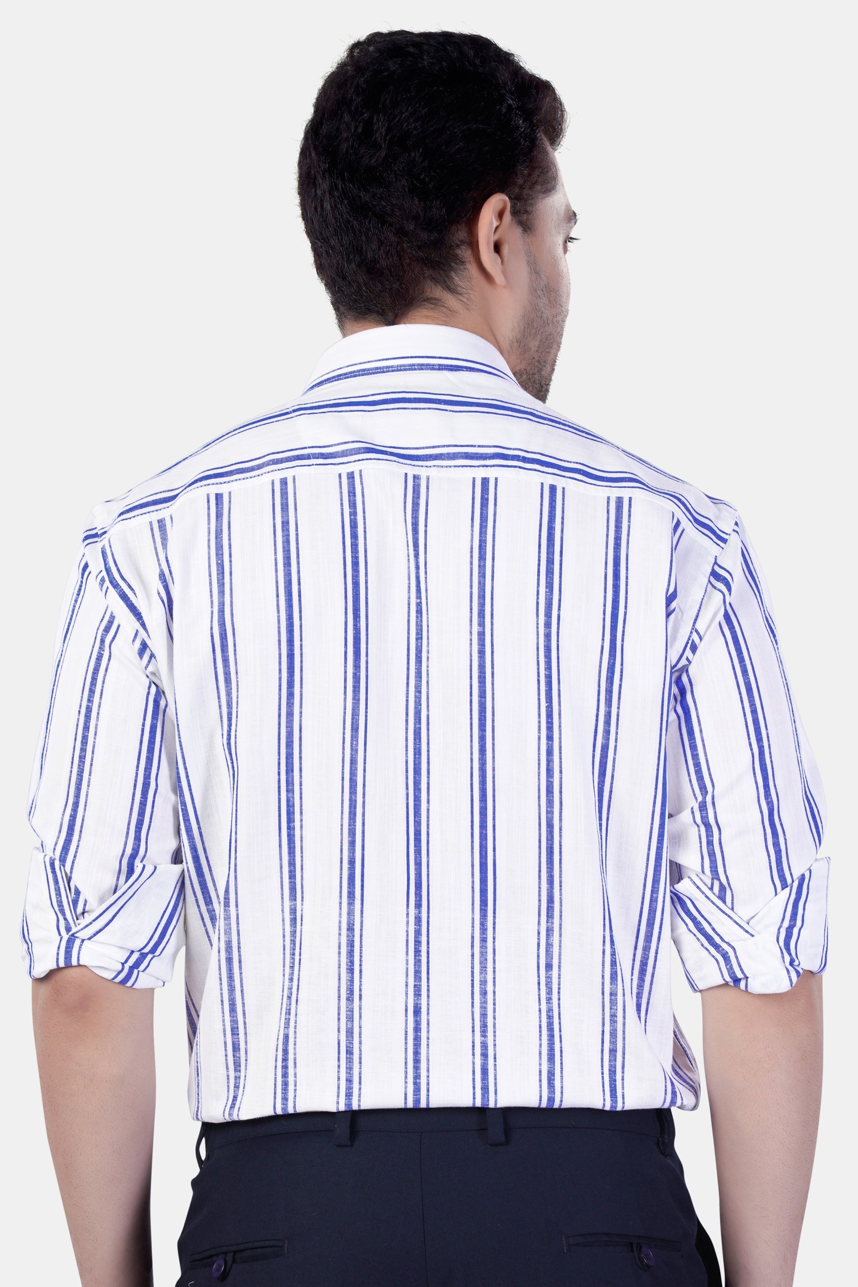 7swords-Bright White with Wild Yonde Blue Striped Premium Cotton Shirt