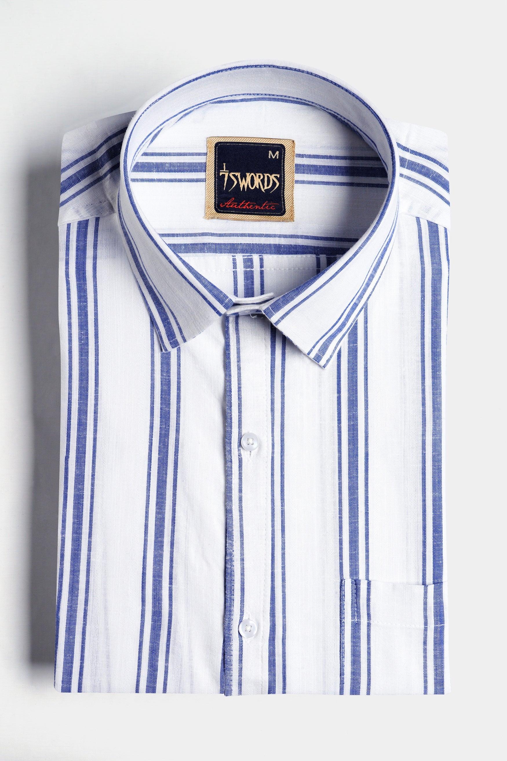 7swords-Bright White with Wild Yonde Blue Striped Premium Cotton Shirt