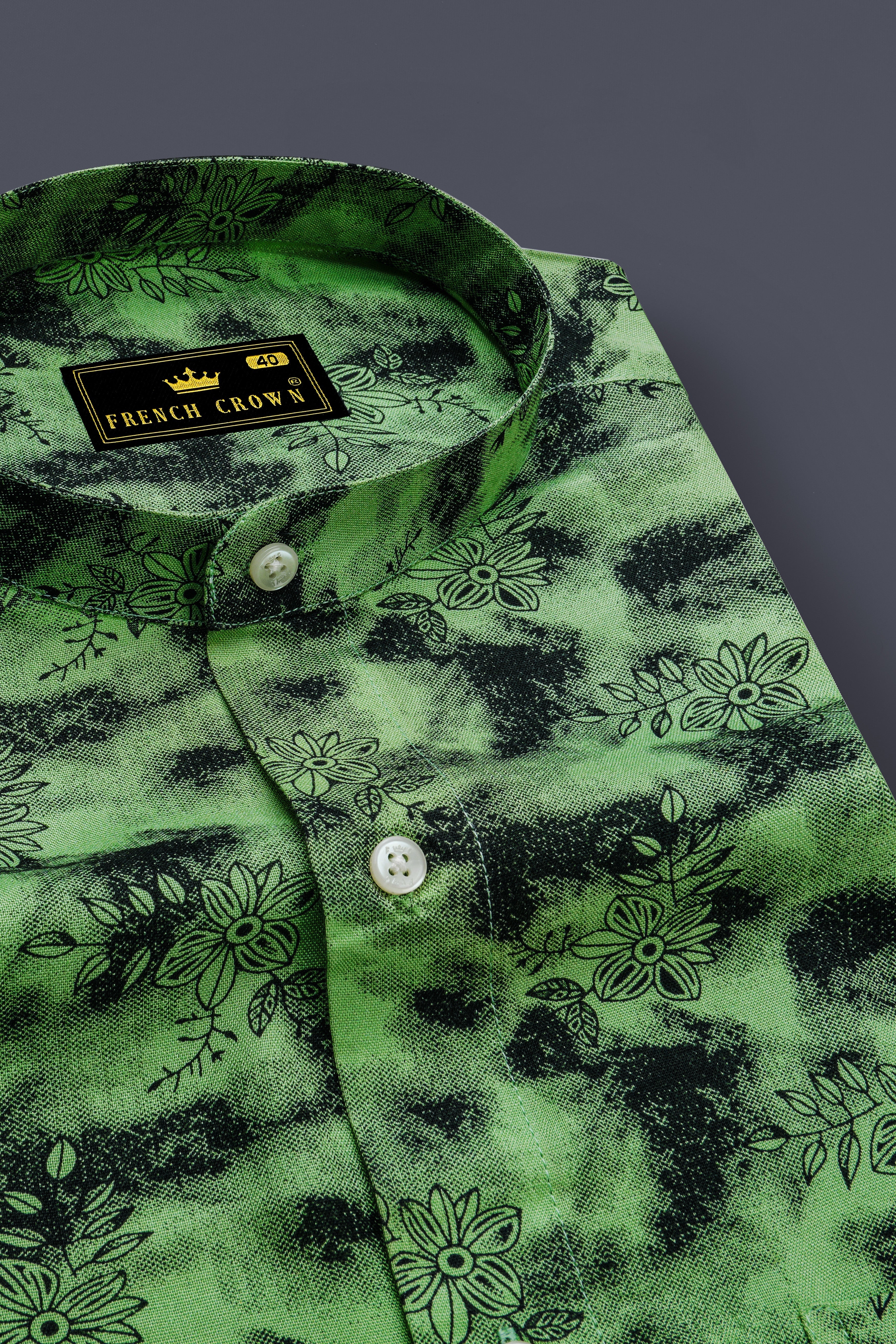 Coriander Green and Black Floral Textured Premium Tencel Shirt
