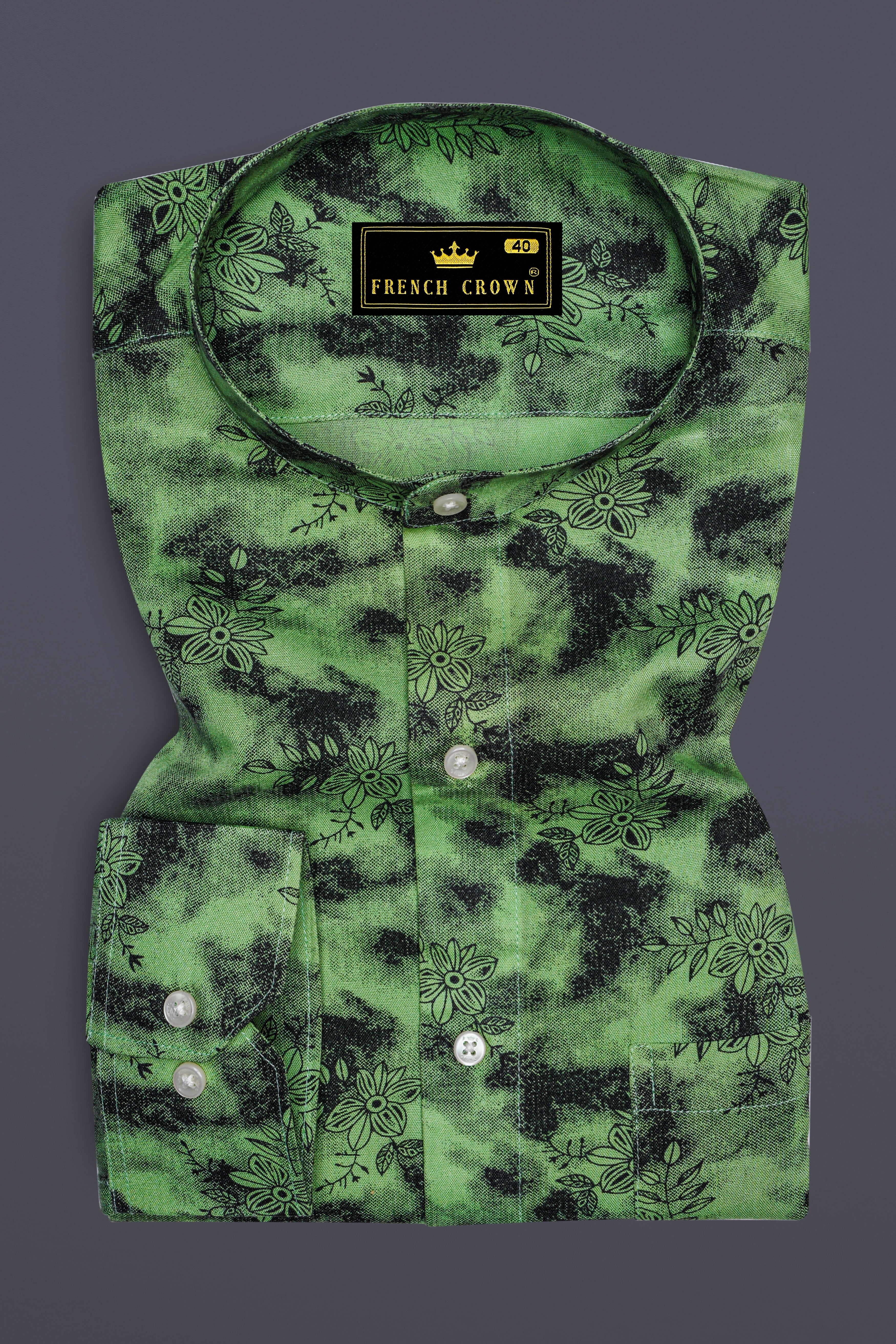 Coriander Green and Black Floral Textured Premium Tencel Shirt