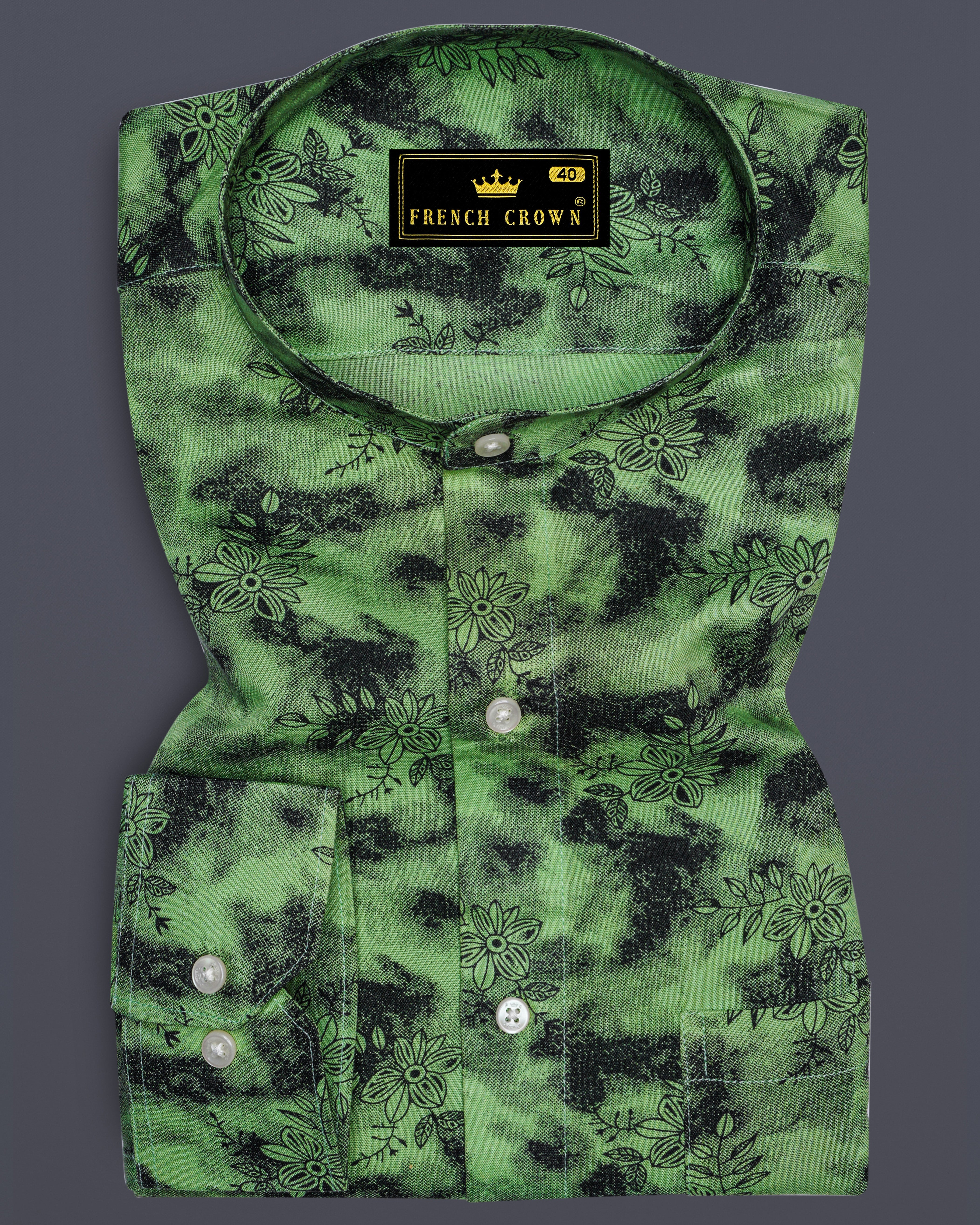 Coriander Green and Black Floral Textured Premium Tencel Shirt