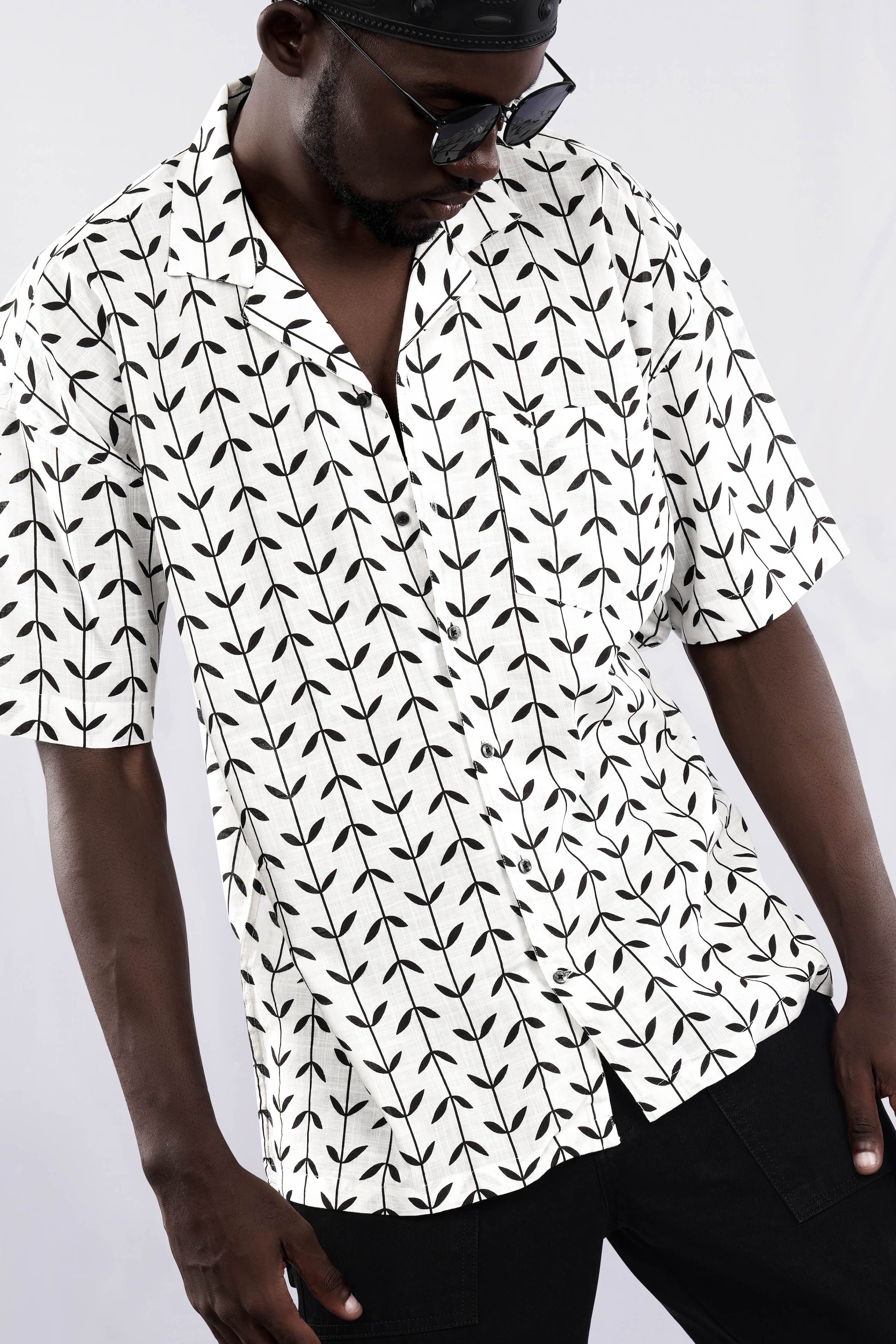 Bright White and Black Printed Lightweight Oversized Premium Cotton Shirt