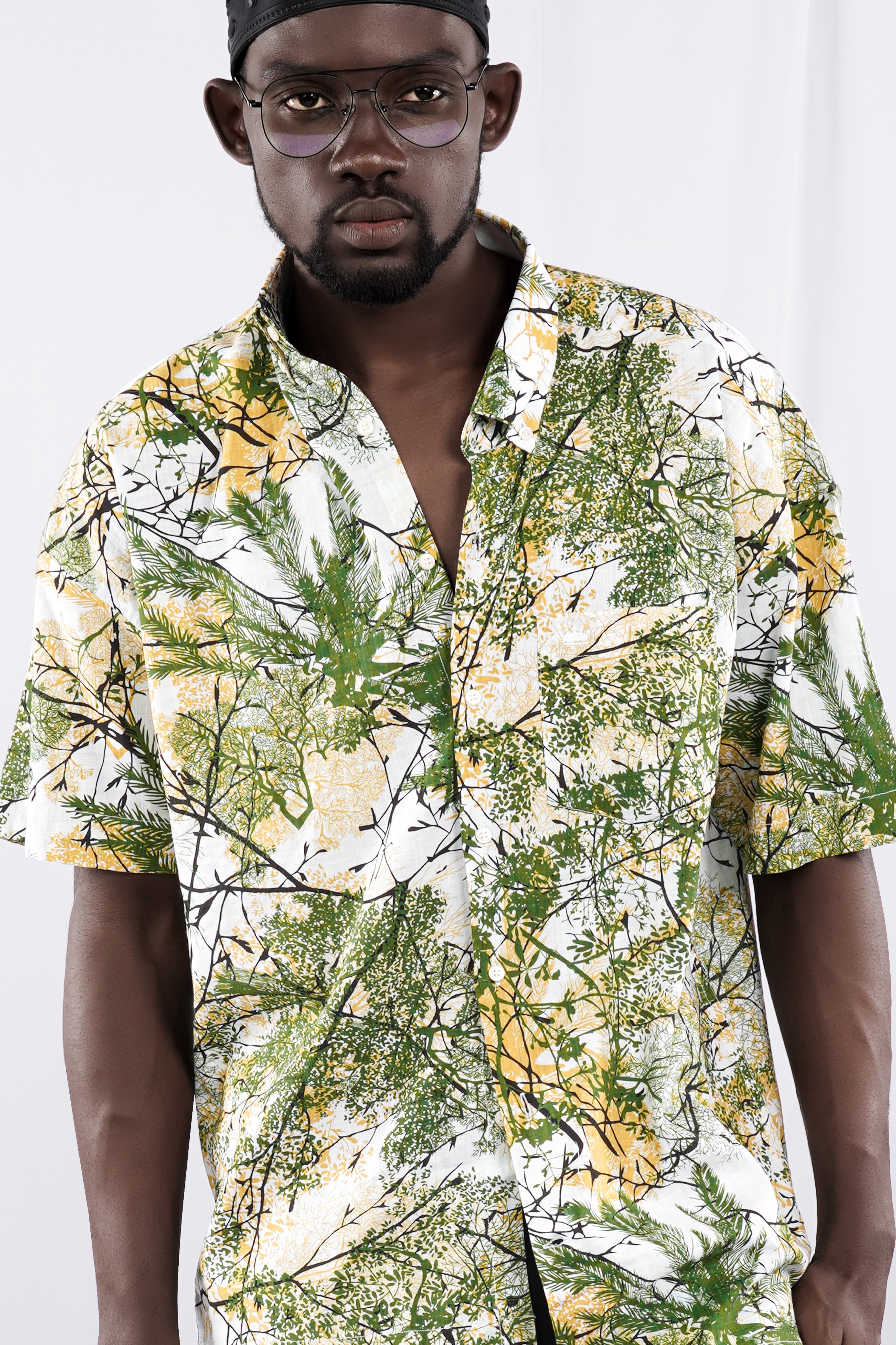 Bright White and Killarney Green Printed Lightweight Oversized Premium Cotton Shirt