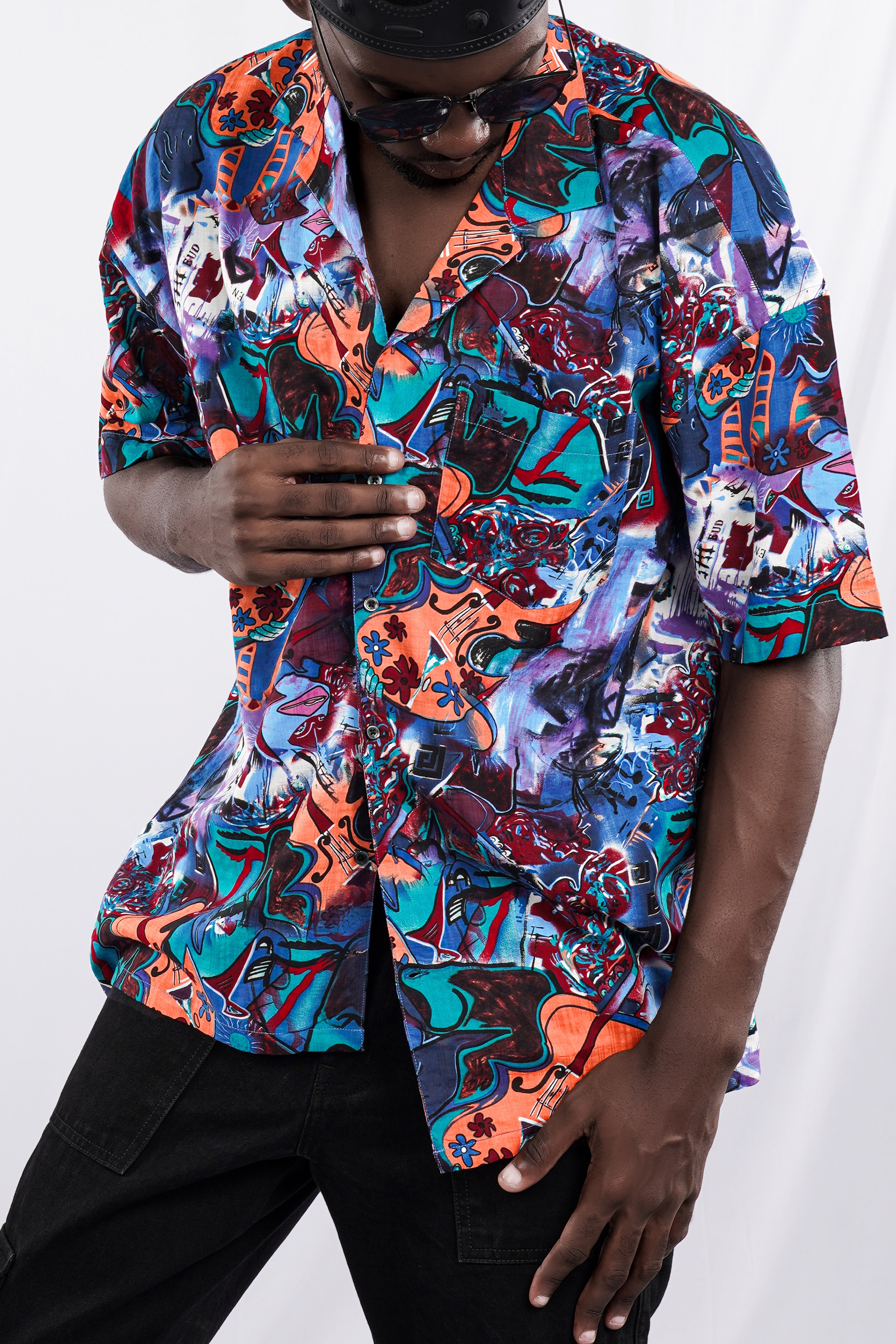 Cyan Blue Multicolour Abstract Printed Lightweight Oversized Premium Cotton Shirt