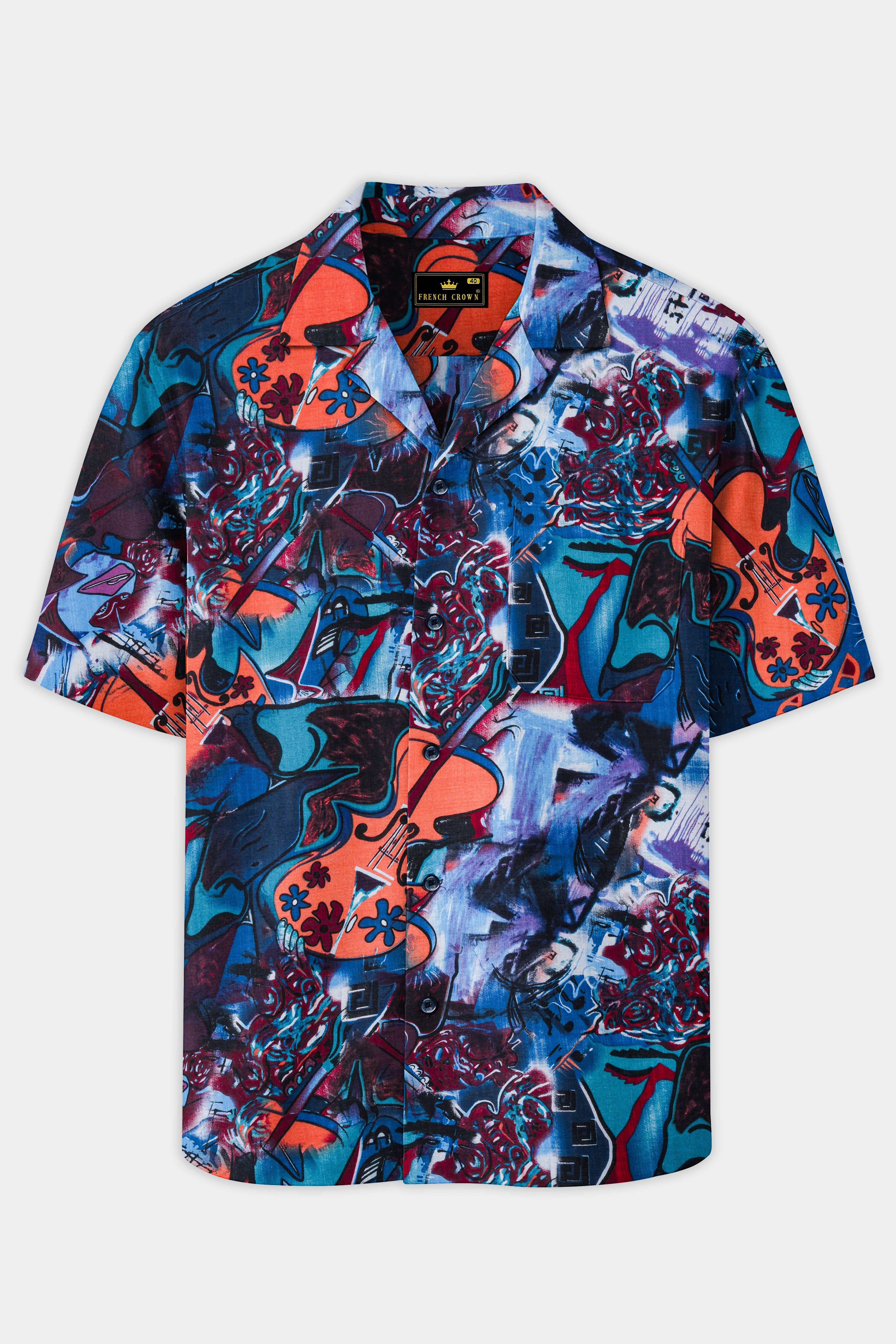 Cyan Blue Multicolour Abstract Printed Lightweight Oversized Premium Cotton Shirt