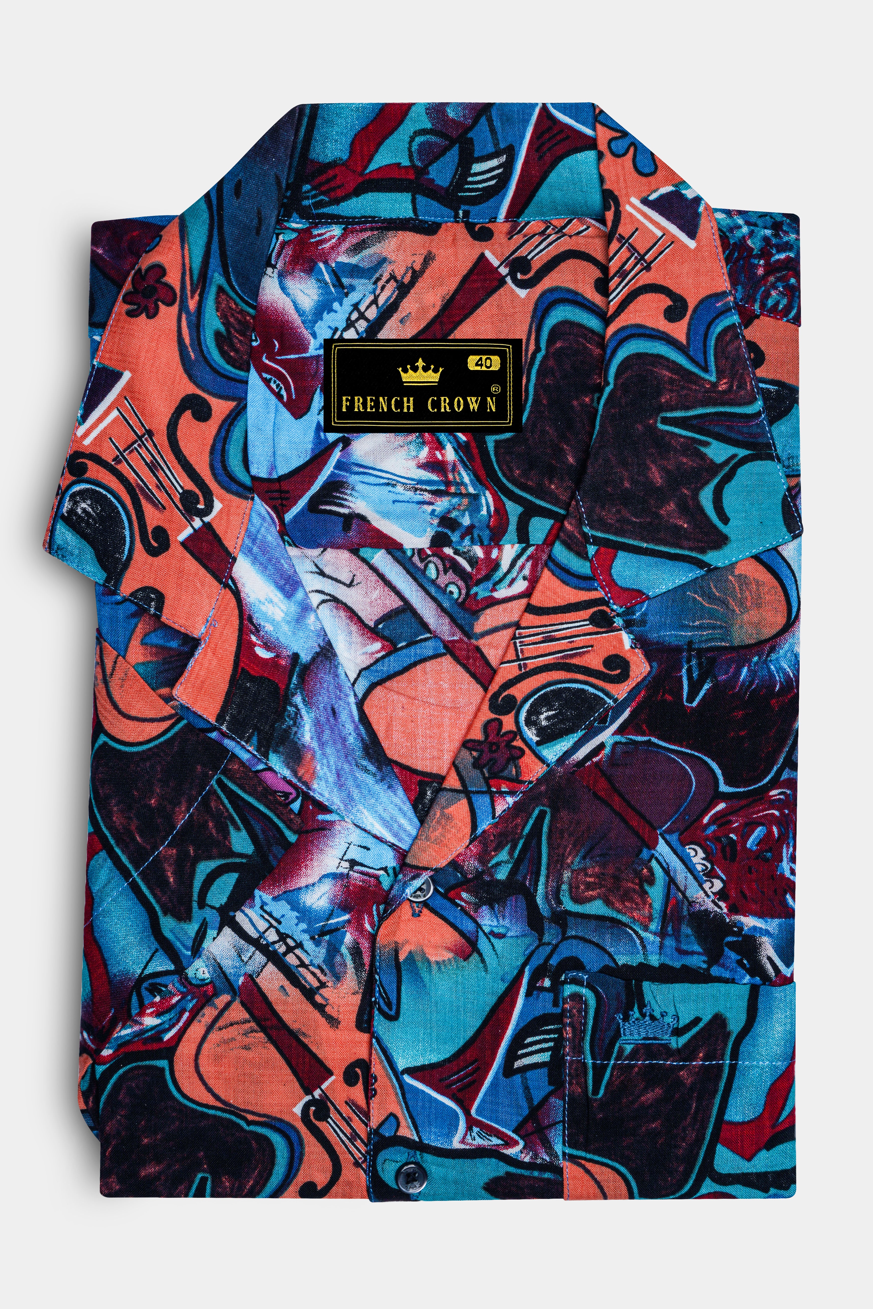 Cyan Blue Multicolour Abstract Printed Lightweight Oversized Premium Cotton Shirt