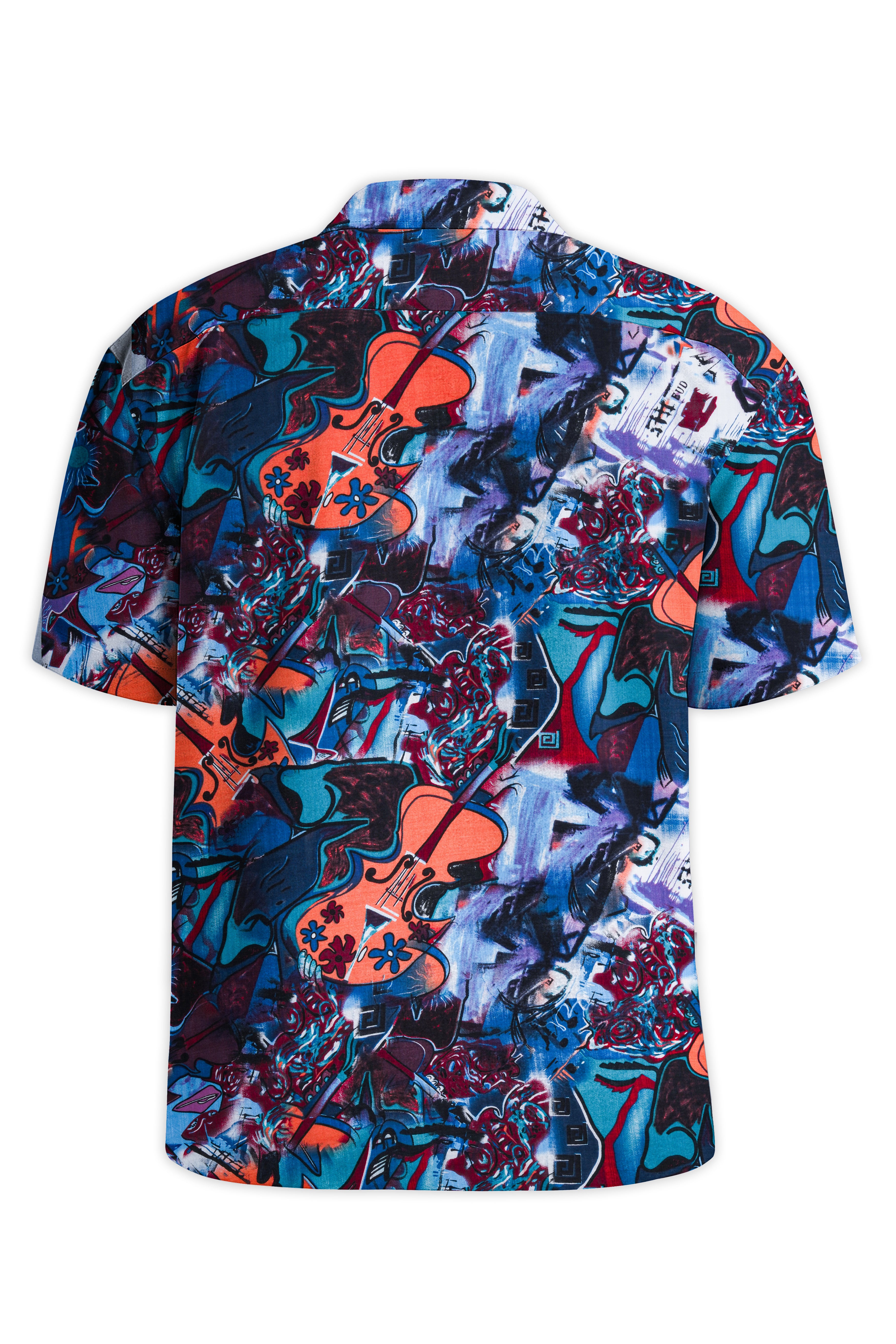 Cyan Blue Multicolour Abstract Printed Lightweight Oversized Premium Cotton Shirt