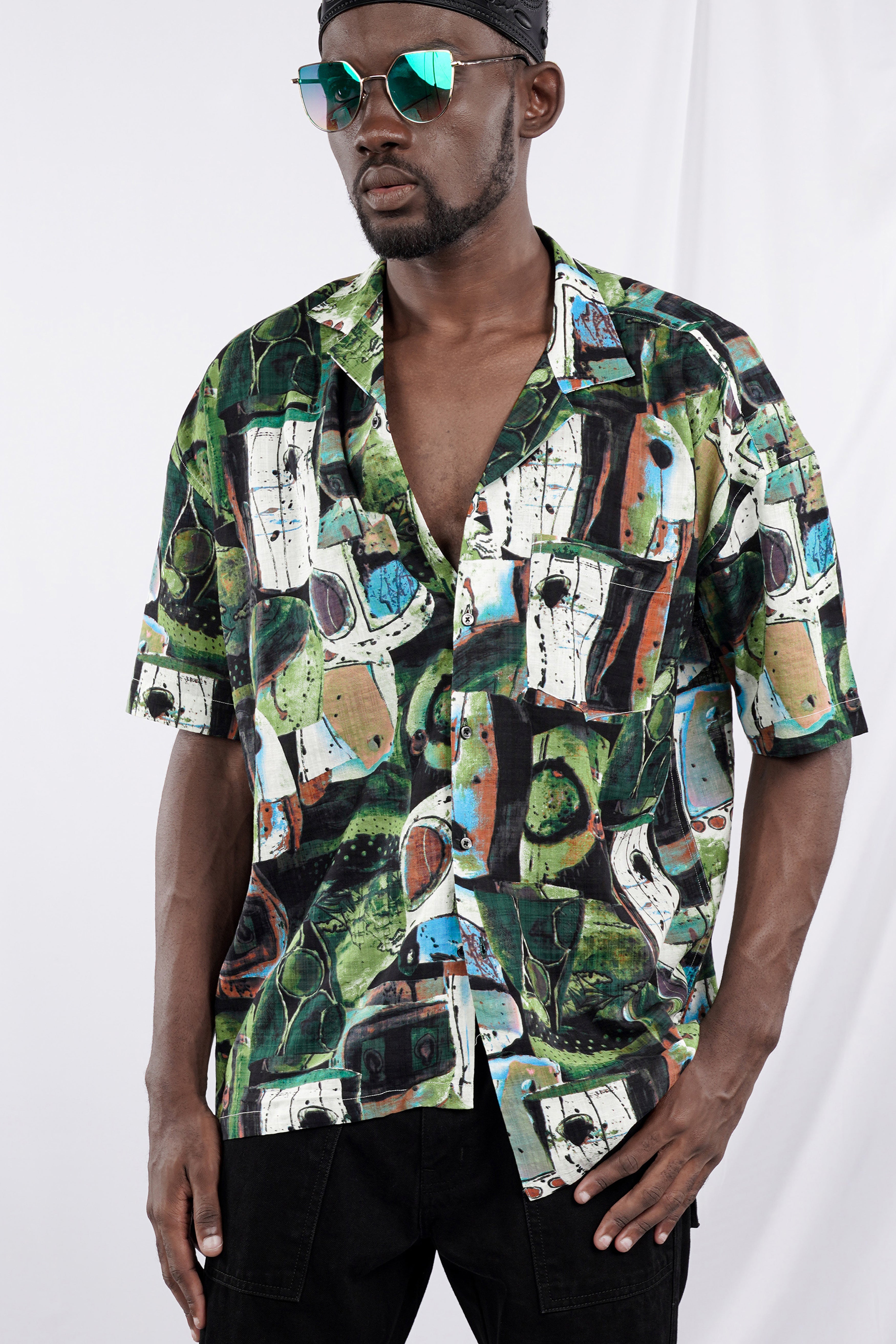 Moss Green and Clay Brown Abstract Printed Lightweight Oversized Premium Cotton Shirt