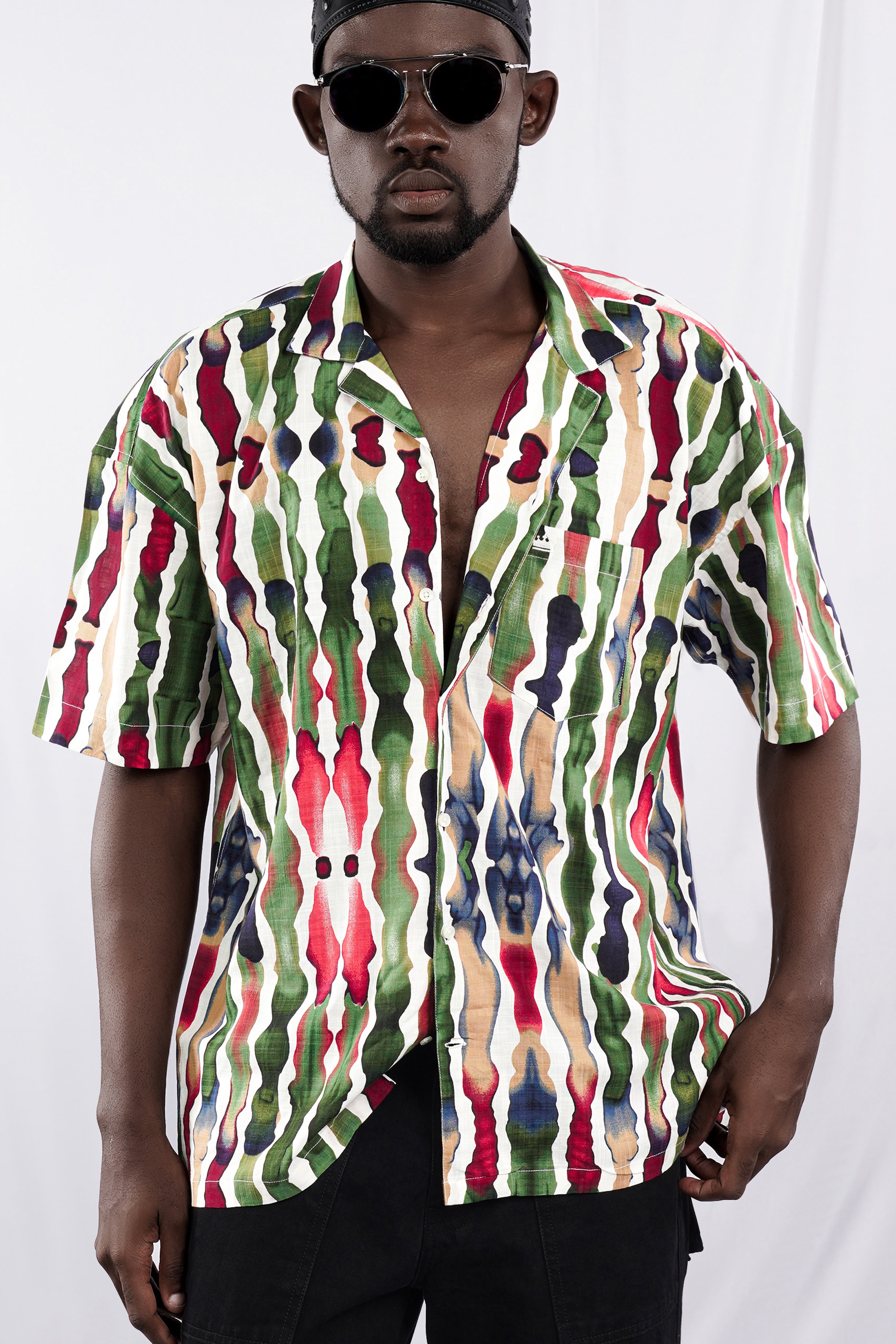 Asparagus Green with Bright White Funky Printed Lightweight Premium Cotton Oversized Shirt