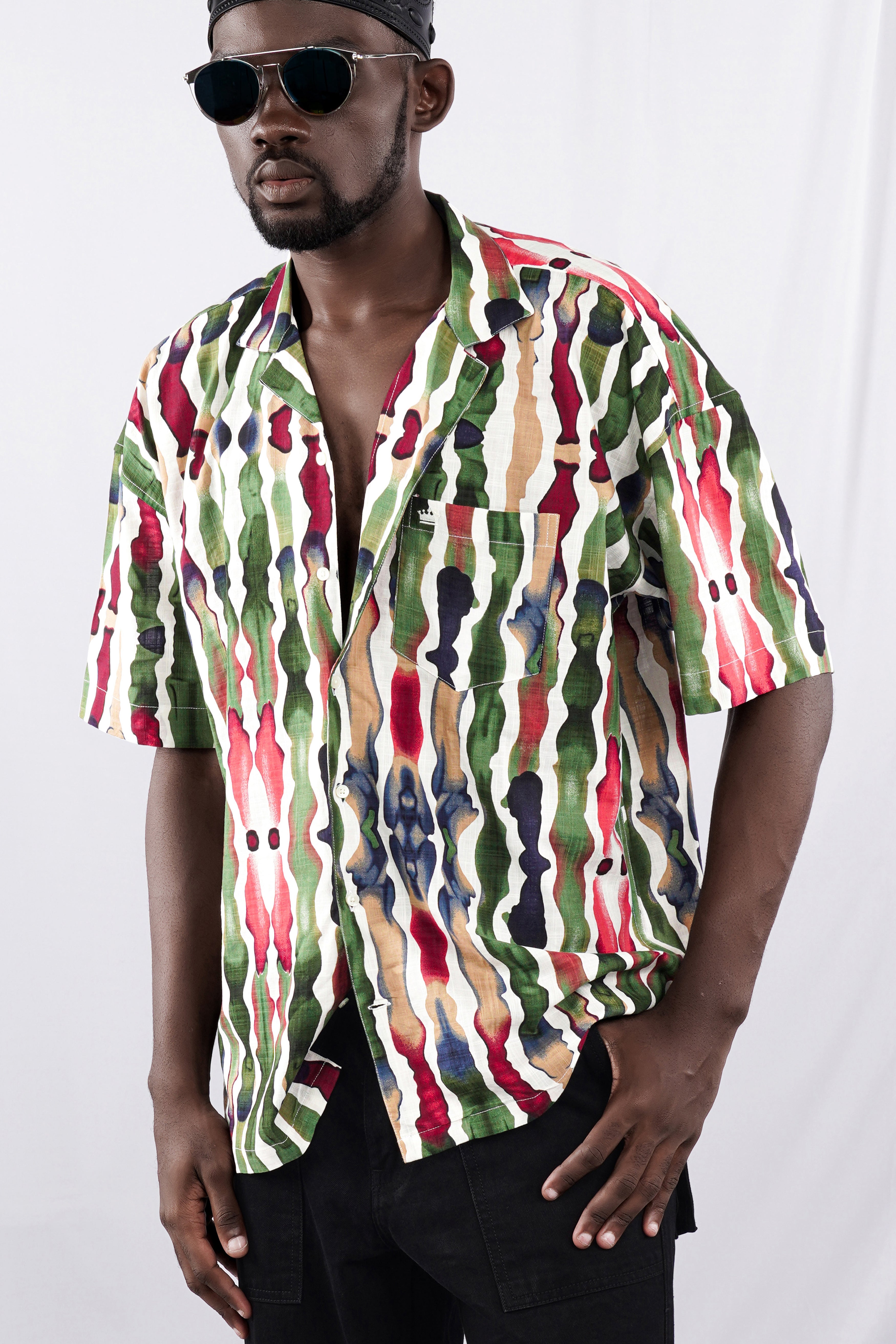 Asparagus Green with Bright White Funky Printed Lightweight Premium Cotton Oversized Shirt