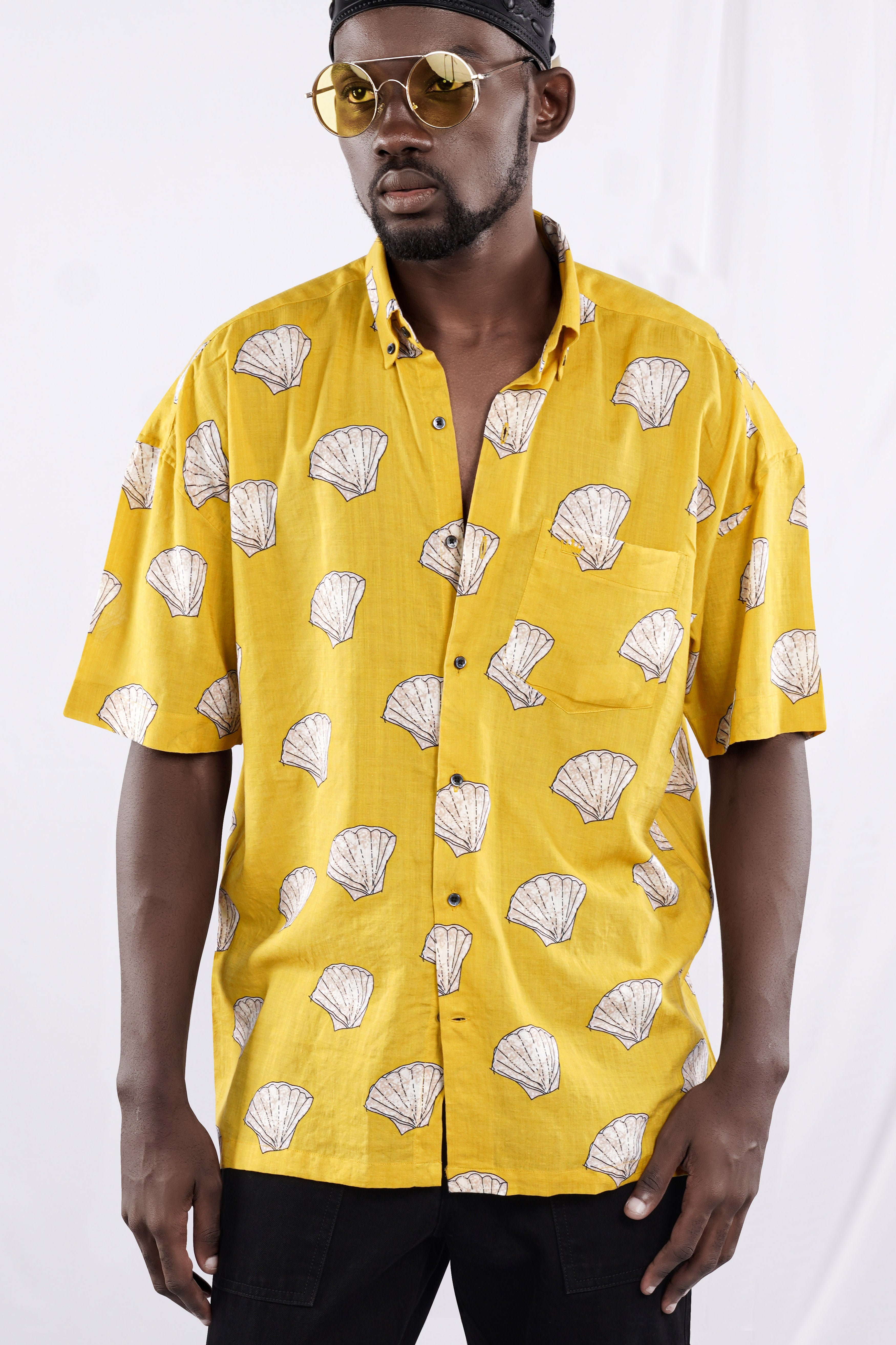 Turmeric Brown Funky Printed Lightweight Oversized Premium Cotton Shirt