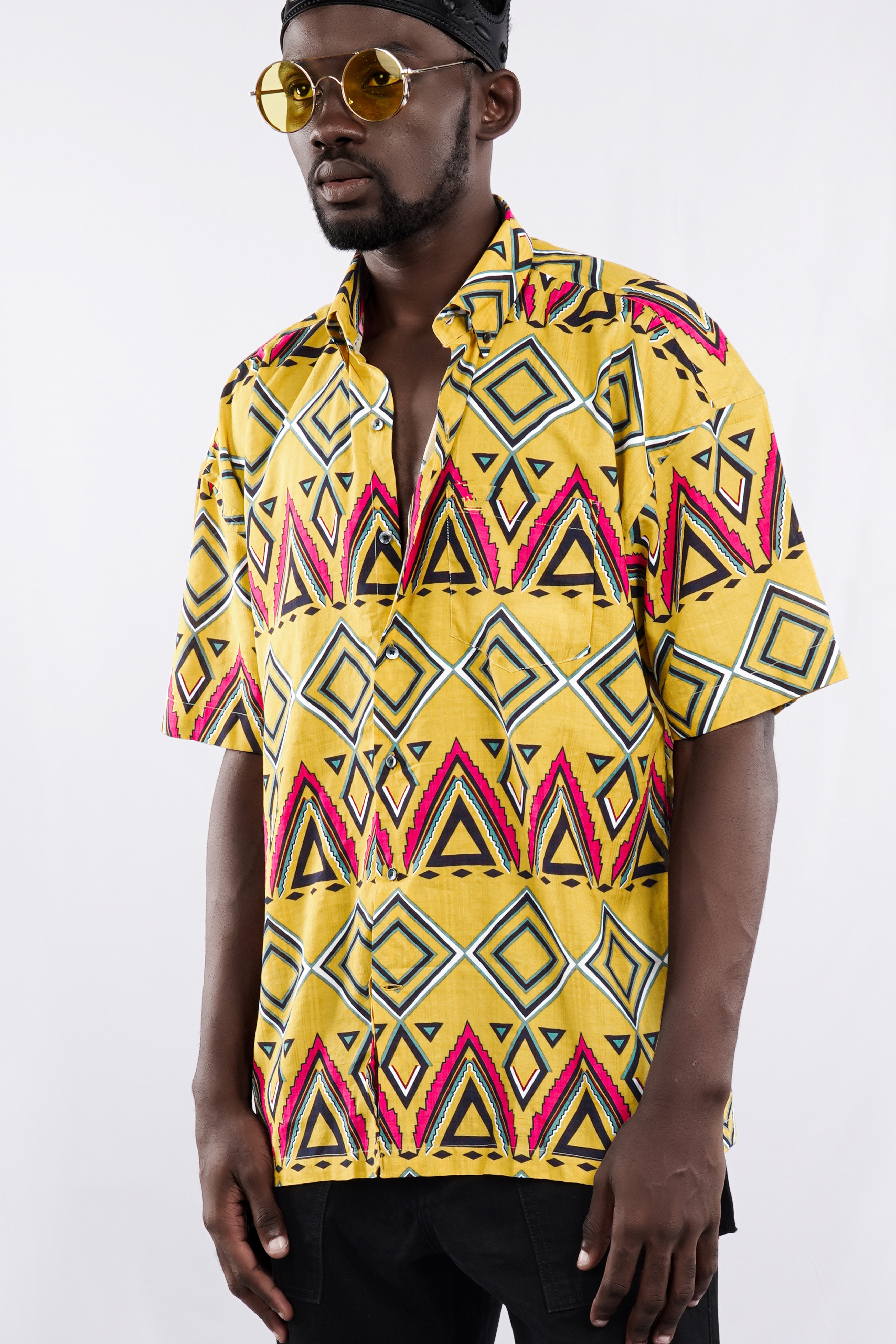 Harvest Yellow with Raspberry Pink Funky Printed Lightweight Oversized Premium Cotton Shirt