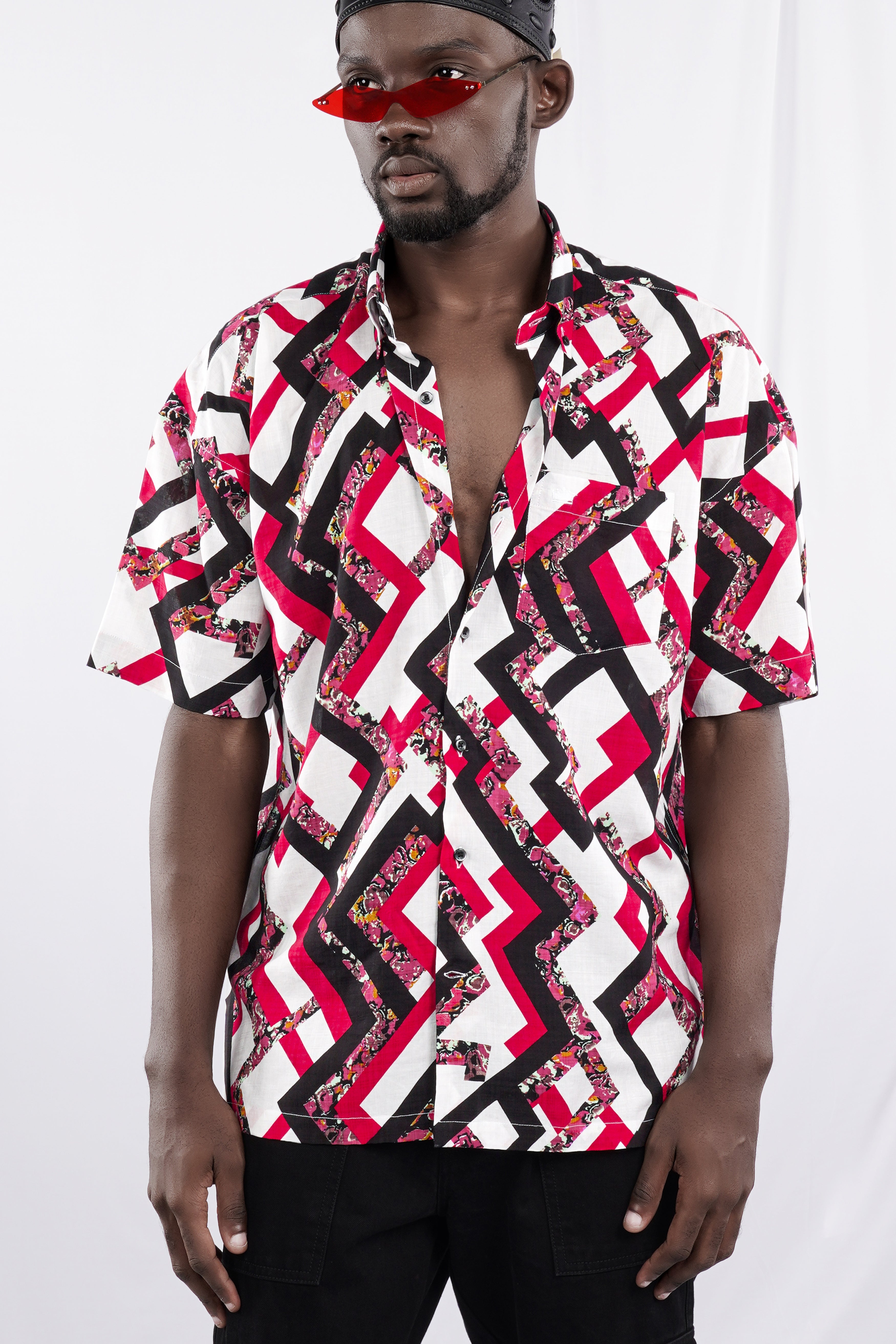 Cadmium Red with White and Black Funky Printed Lightweight Oversized Premium Cotton Shirt