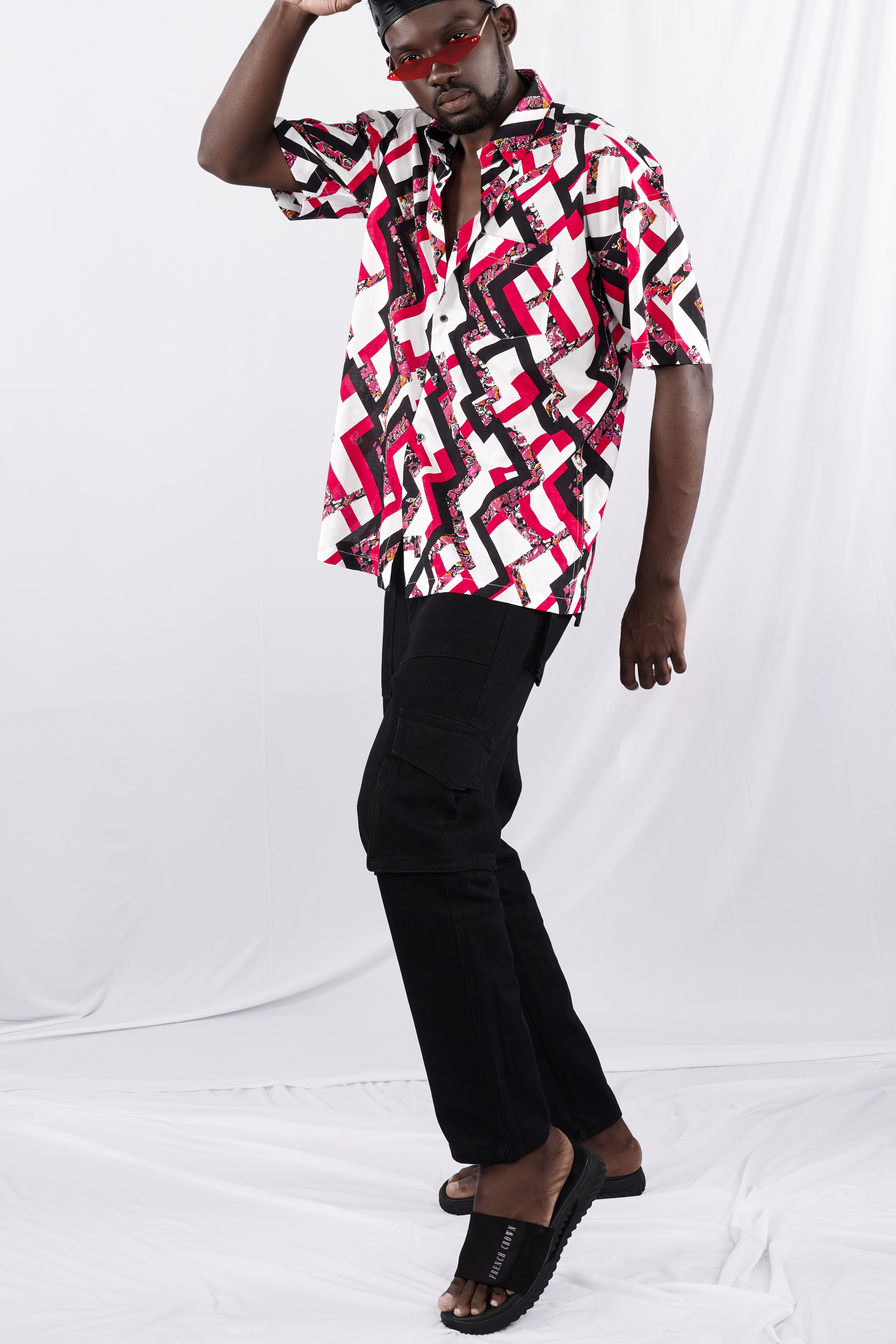 Cadmium Red with White and Black Funky Printed Lightweight Oversized Premium Cotton Shirt