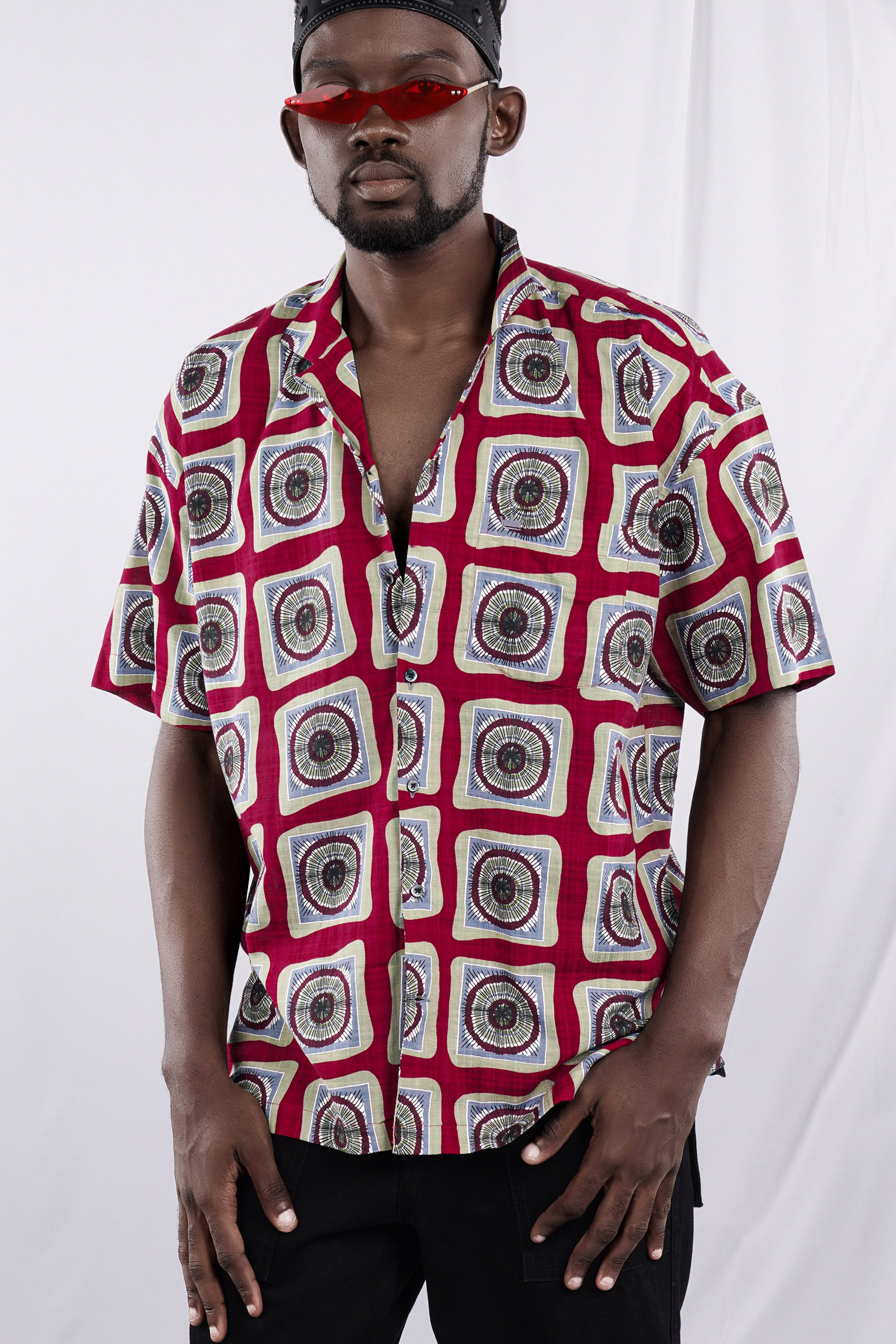 Paprika Red with Ash Green Funky Printed Lightweight Oversized Premium Cotton Shirt