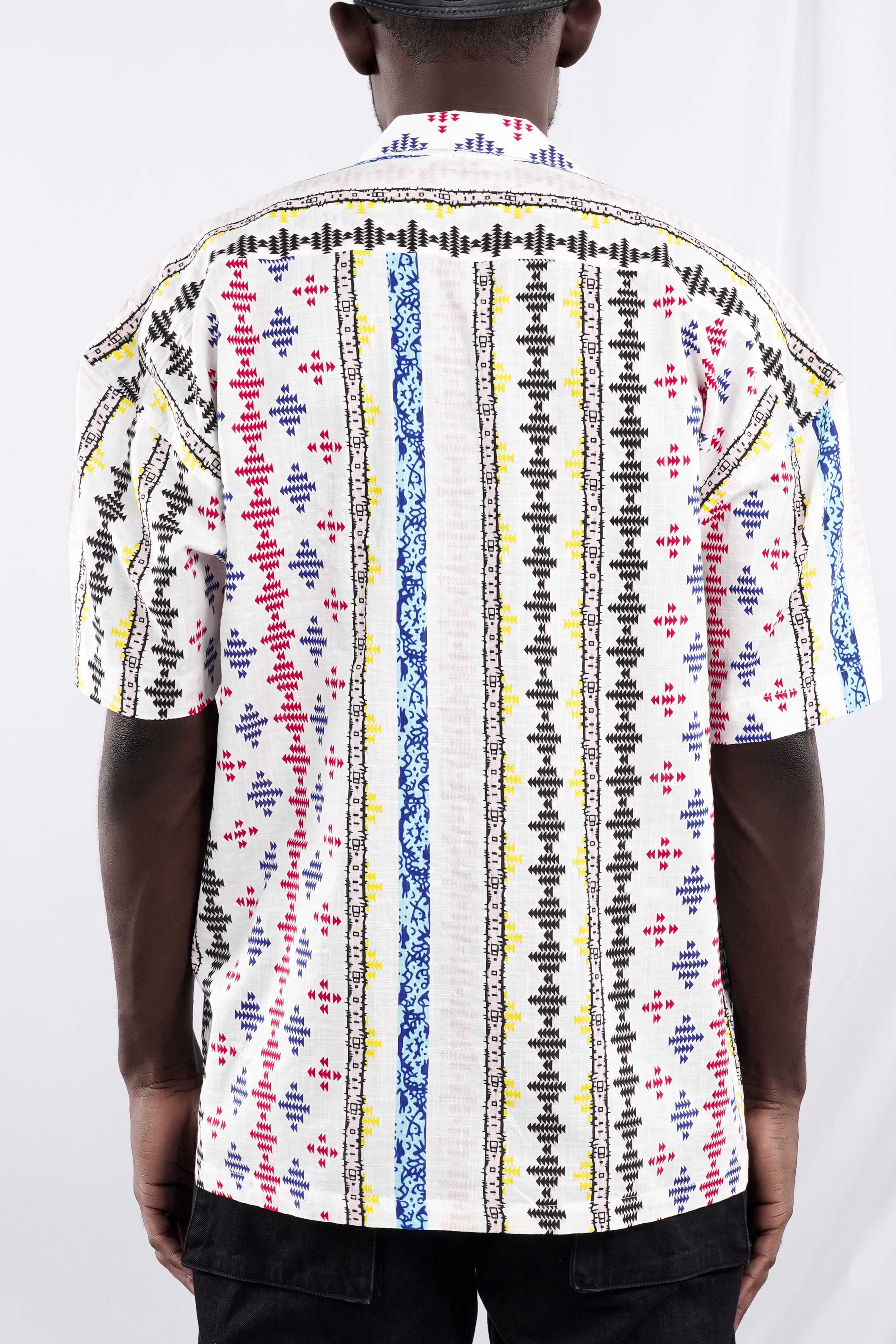 Bright White with Cherry Red and Cobalt Blue Printed Lightweight Oversized Premium Cotton Shirt