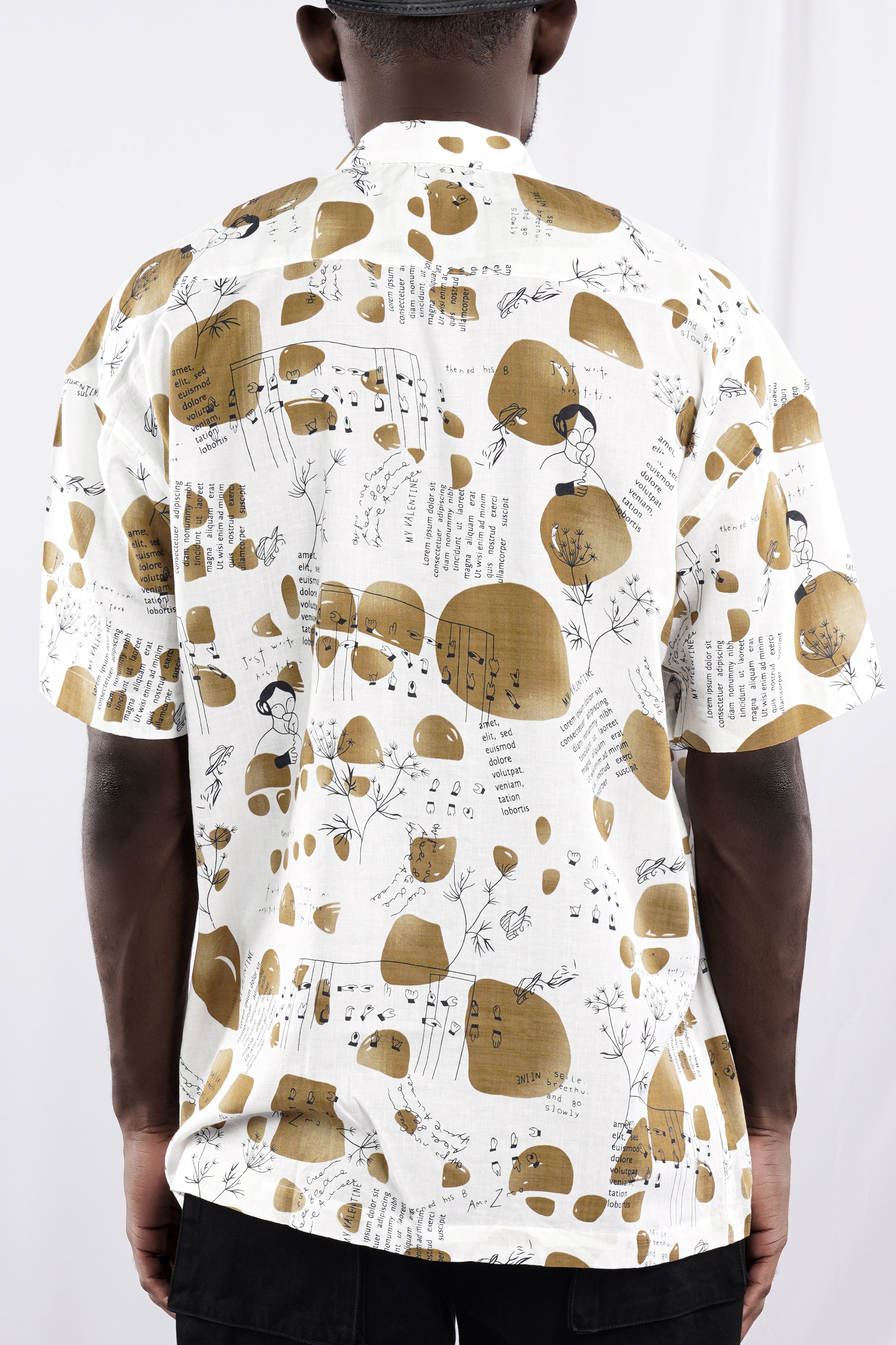 Bright White and Muesli Brown Doodle Printed Lightweight Premium Cotton Oversized Shirt
