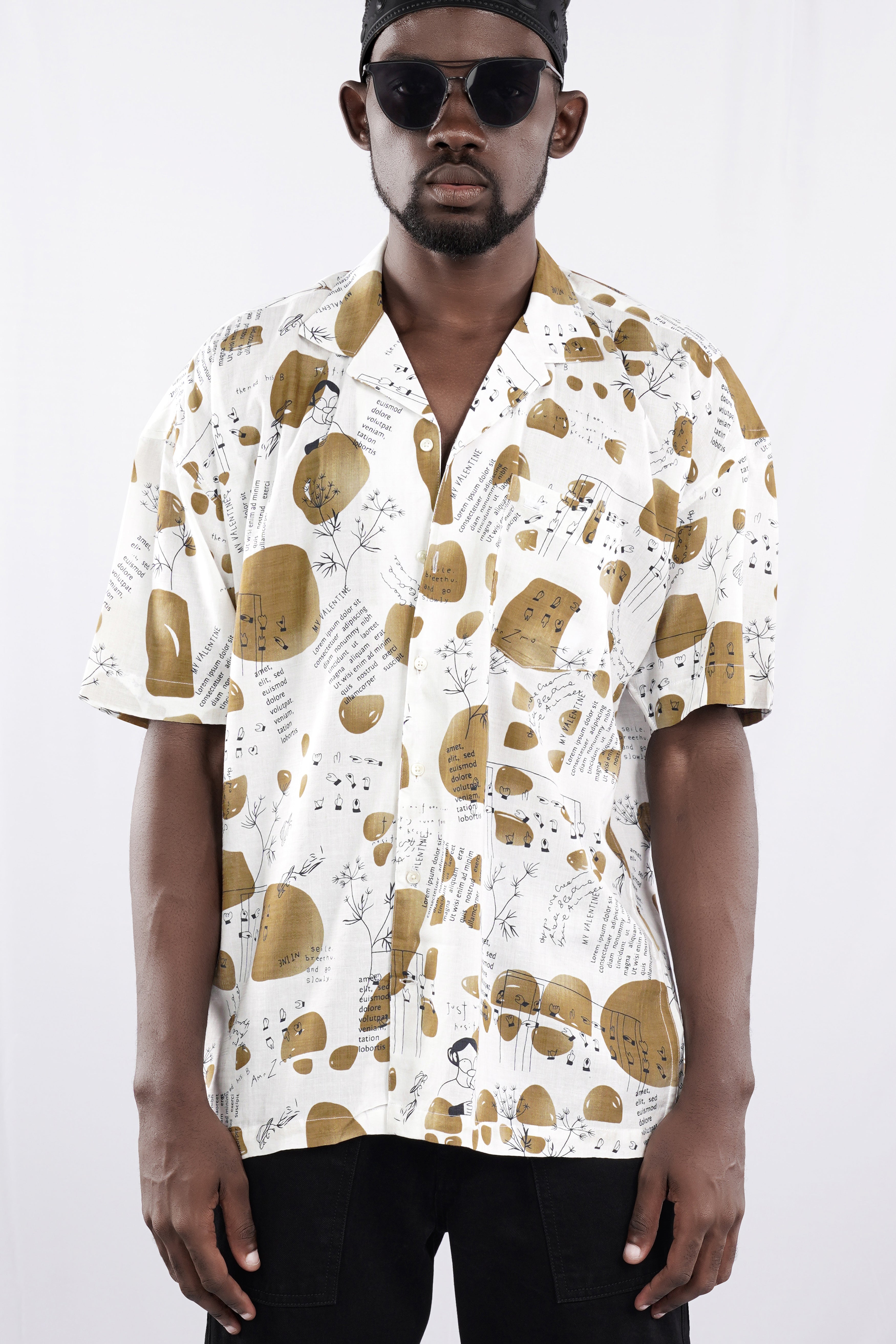 Bright White and Muesli Brown Doodle Printed Lightweight Premium Cotton Oversized Shirt