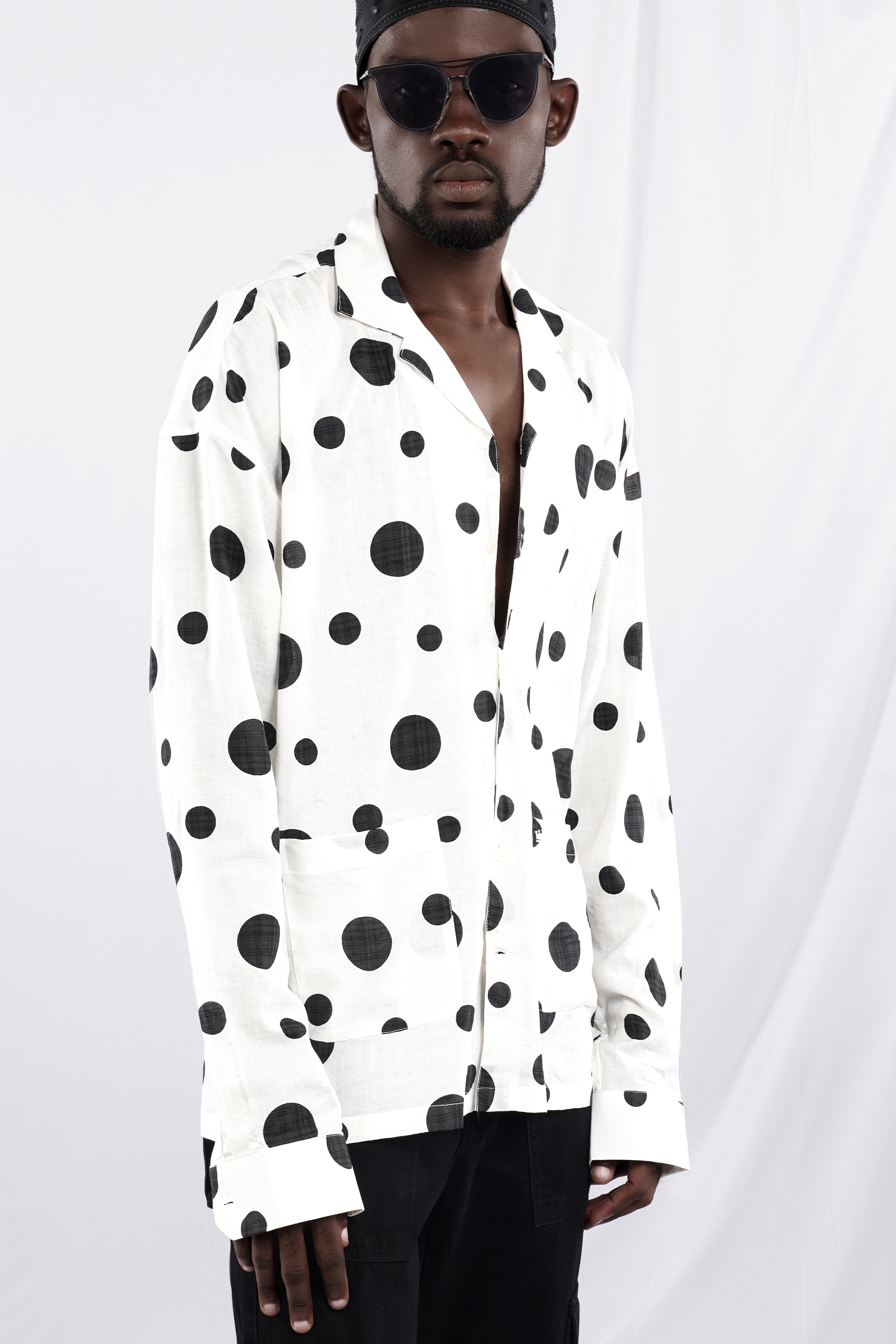 Bright White with Jade Black Polka Dotted Lightweight Premium Cotton Designer Oversized Shirt