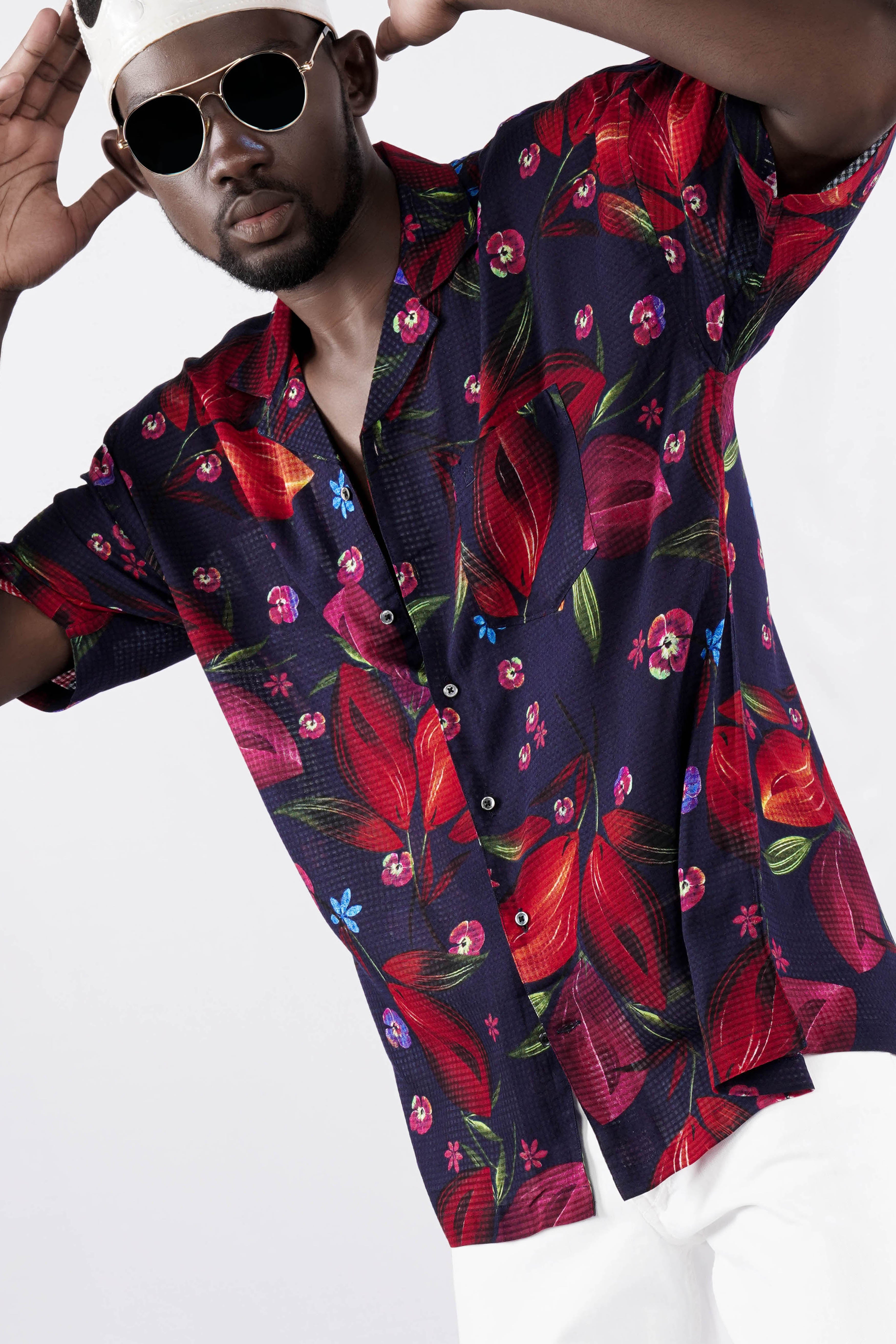 Cinder Navy Blue with Mulberry Wine Floral Printed Lightweight Premium Cotton Oversized Shirt