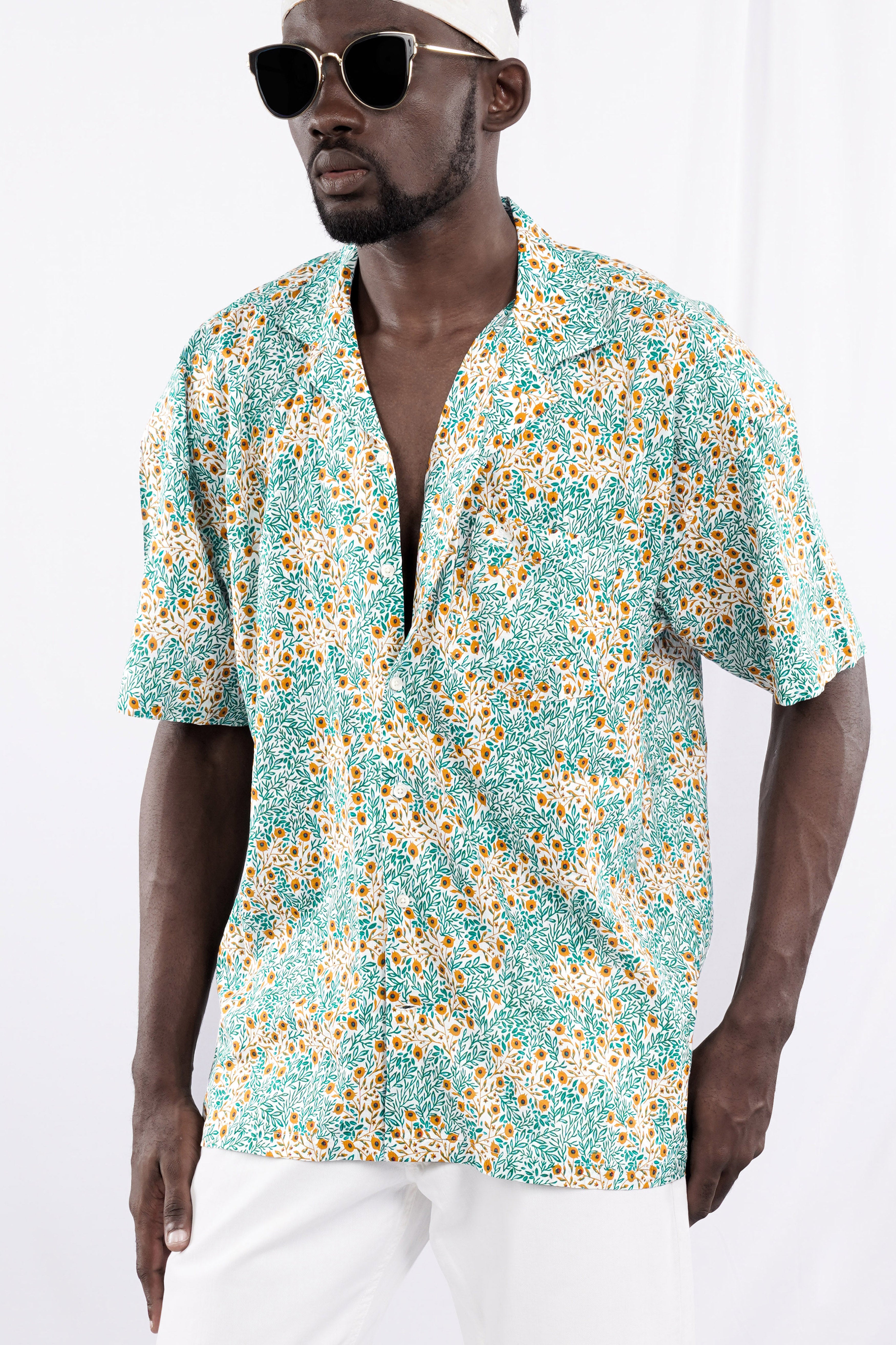 Cyan Green with Ditsy Printed Lightweight Premium Cotton Oversized Shirt