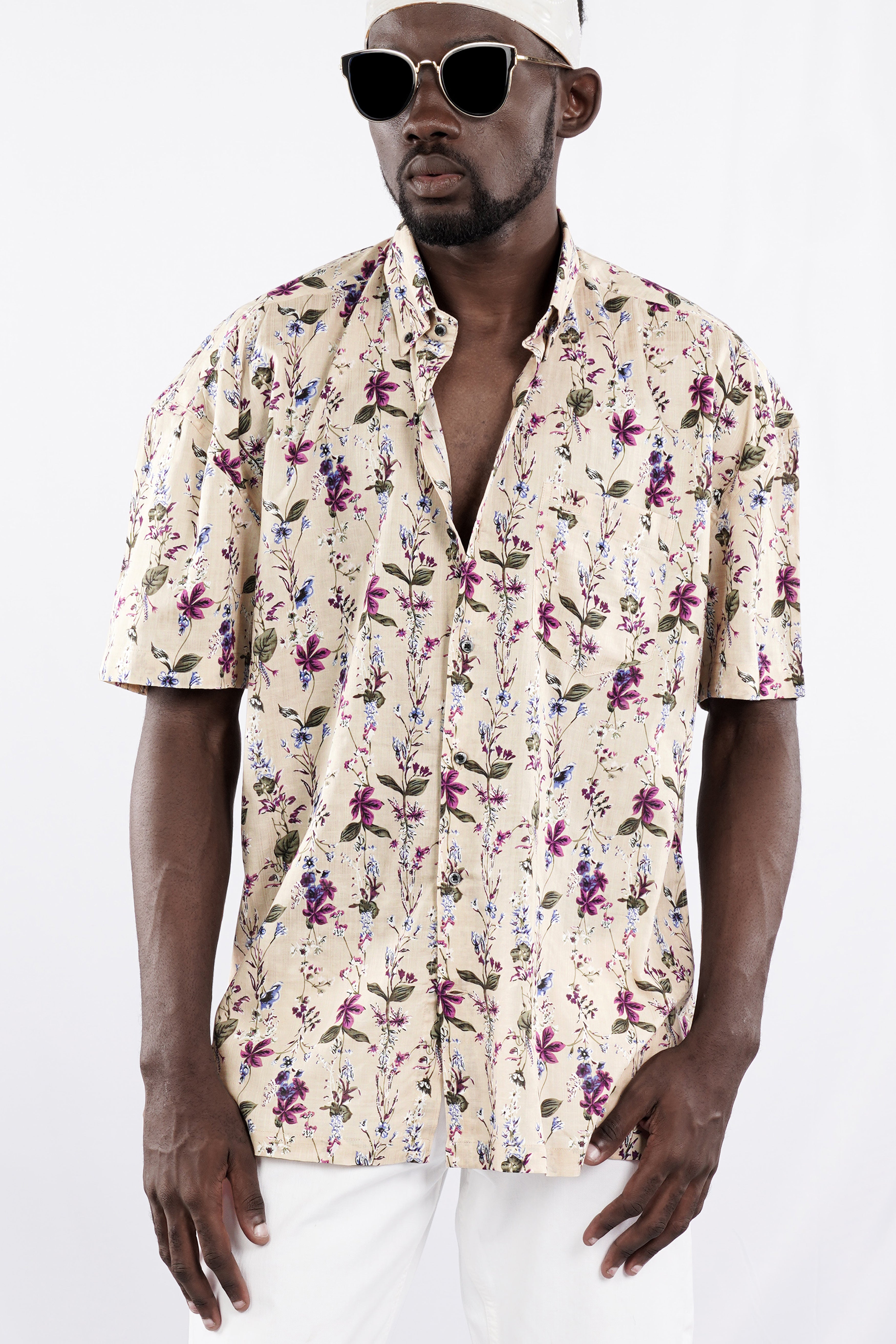 Bone Beige Multicolour Ditsy Printed Lightweight Premium Cotton Oversized Shirt