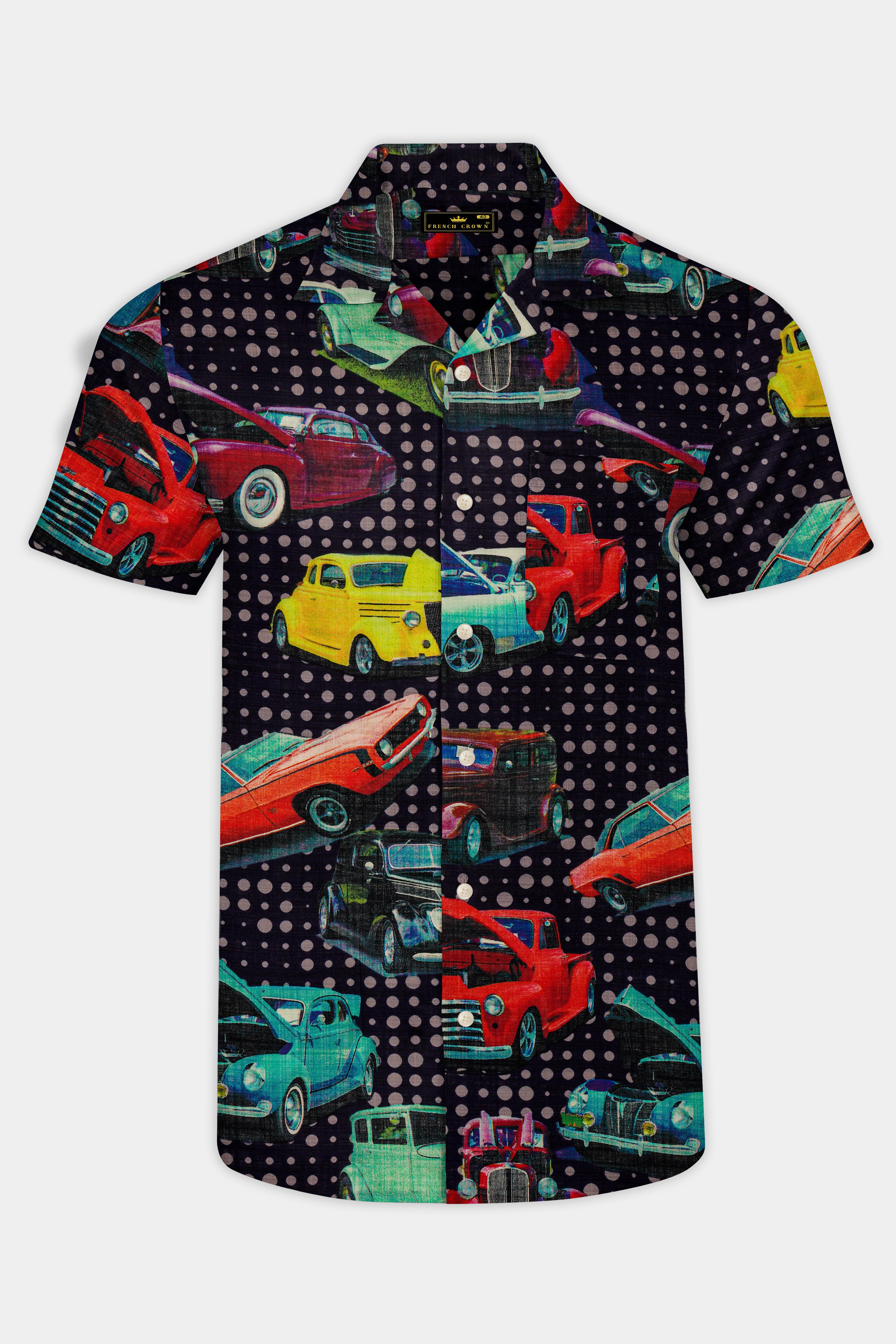Cinder Blue Vintage Car Printed Lightweight Premium Cotton Oversized Shirt