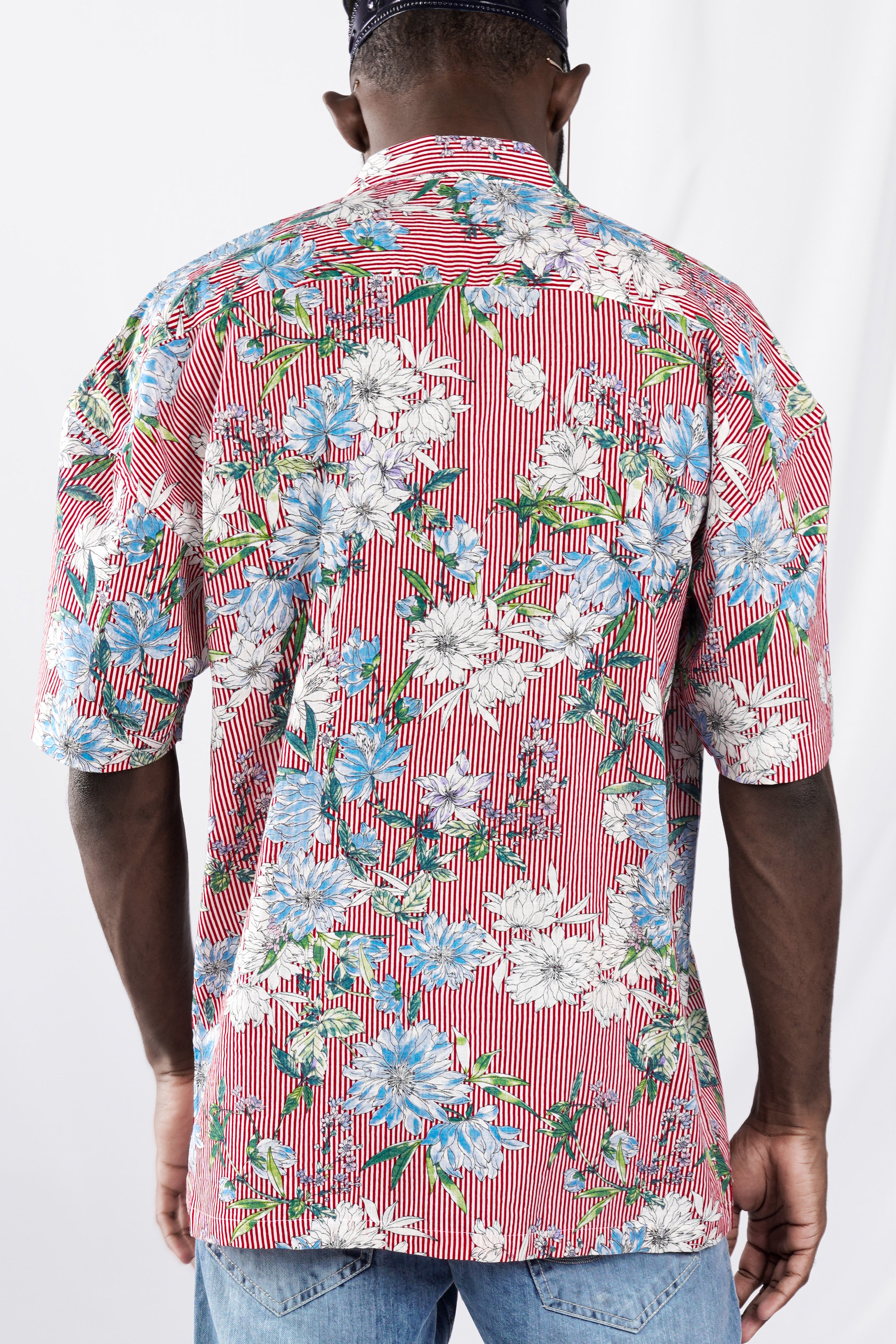 Rudy Red and White Floral Printed Lightweight Premium Cotton Oversized Shirt