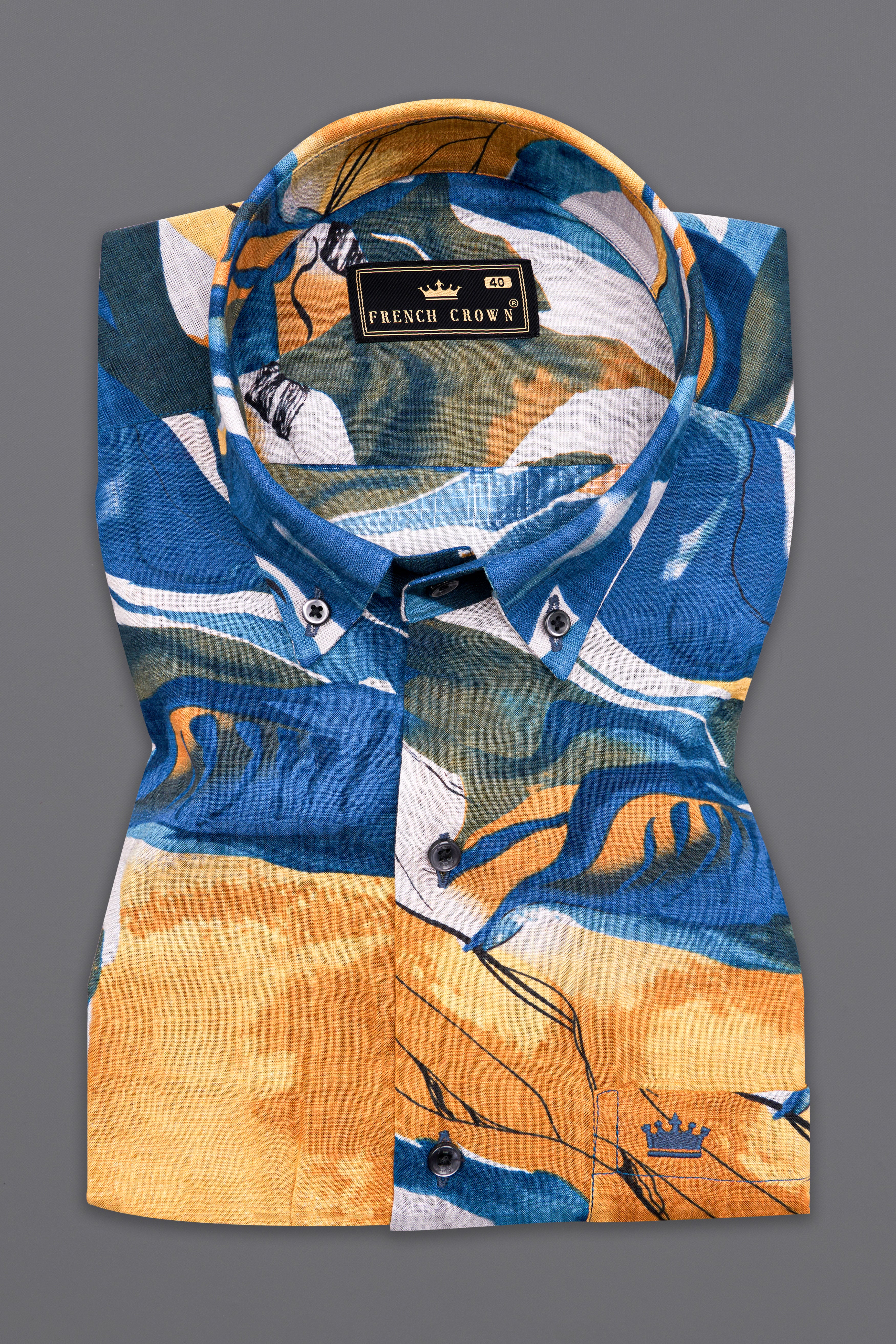 Saffron with Cobalt Blue Formal/Casual Prints Premium Cotton