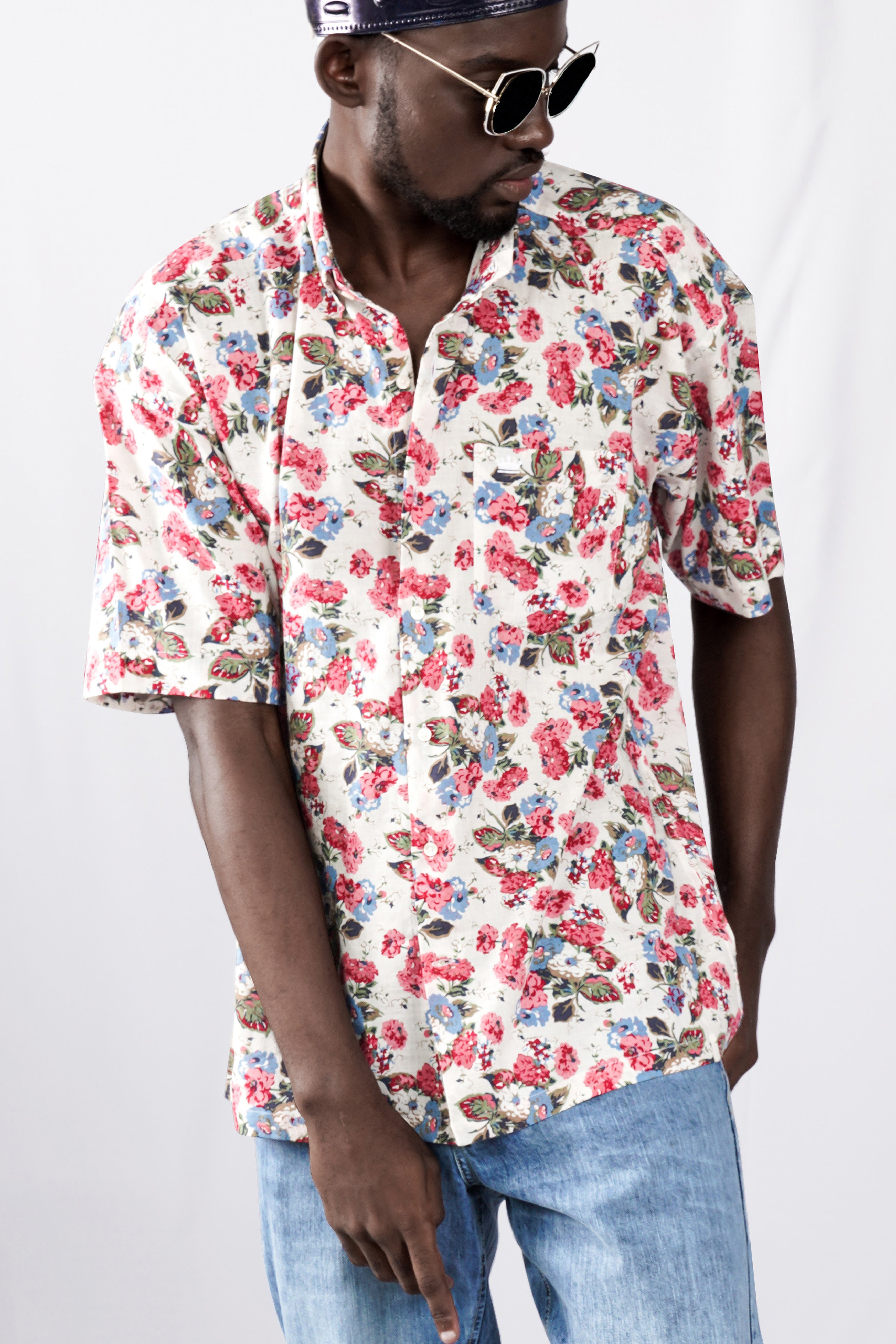 Merino Cream and Cardinal Red Floral Printed Lightweight Premium Cotton Oversized Shirt