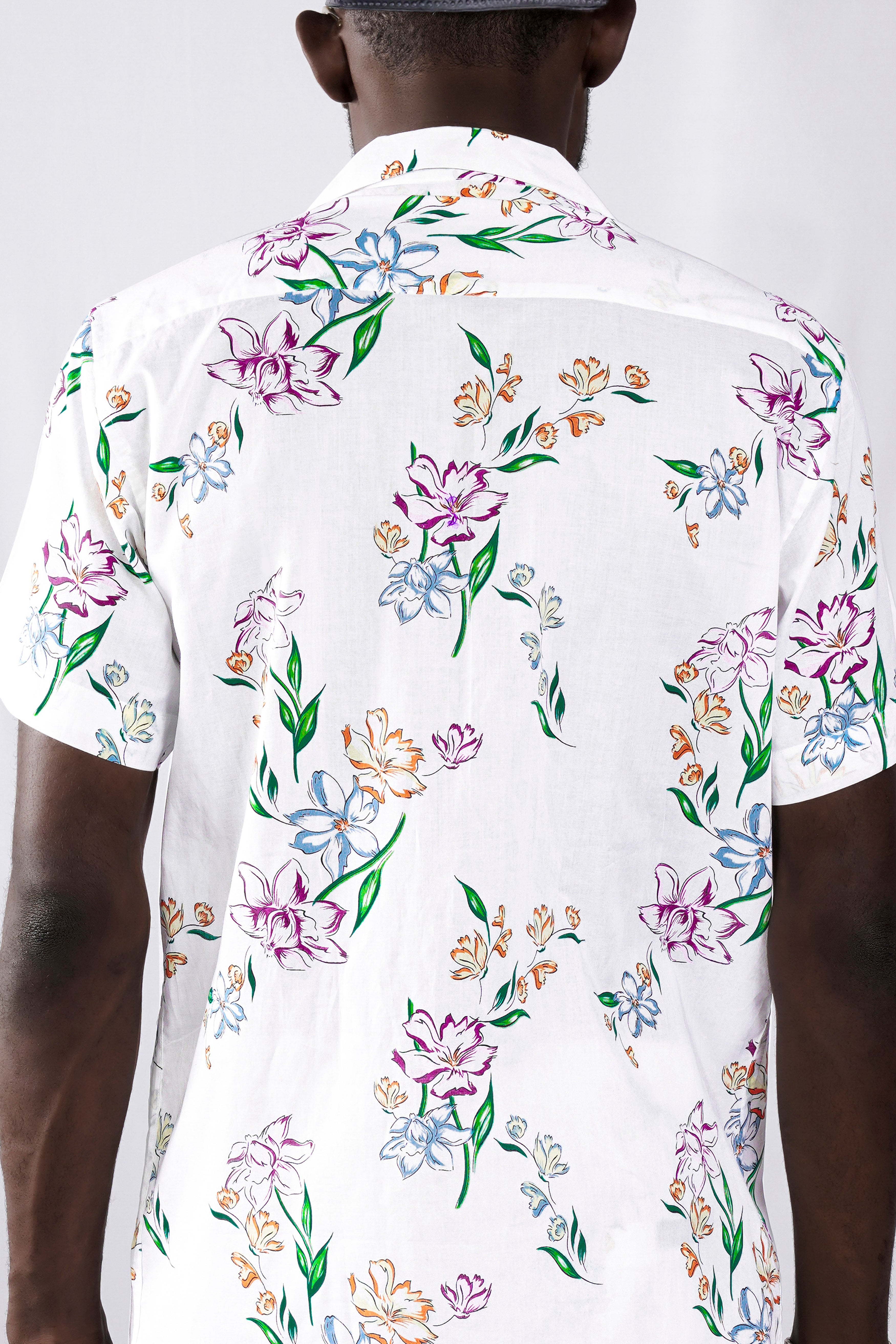 Bright White with Leaf Green and Plum Pink Floral Printed Premium Cotton Designer Shirt