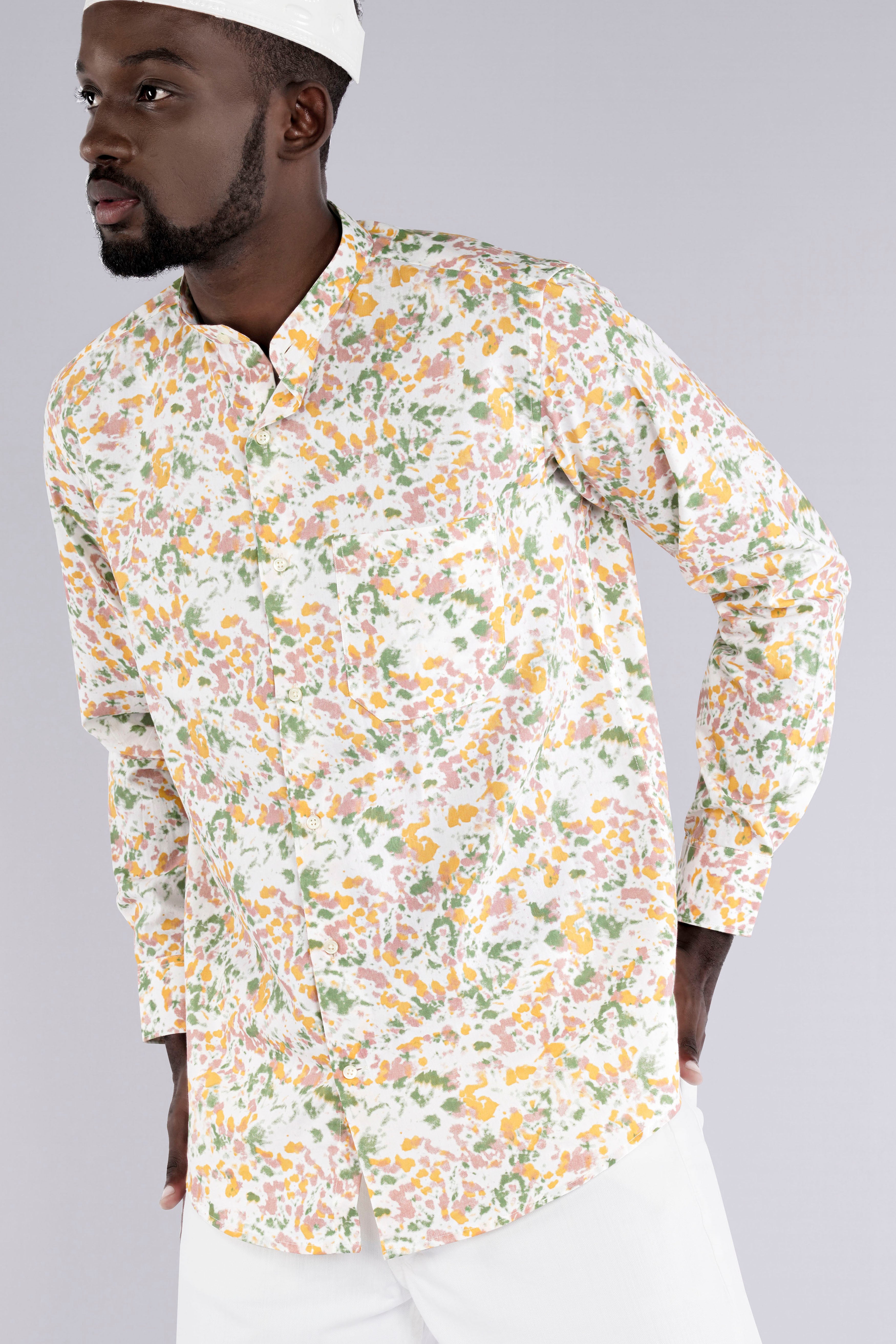Bright White with Pale Yellow Multicolour Printed Chambray Shirt