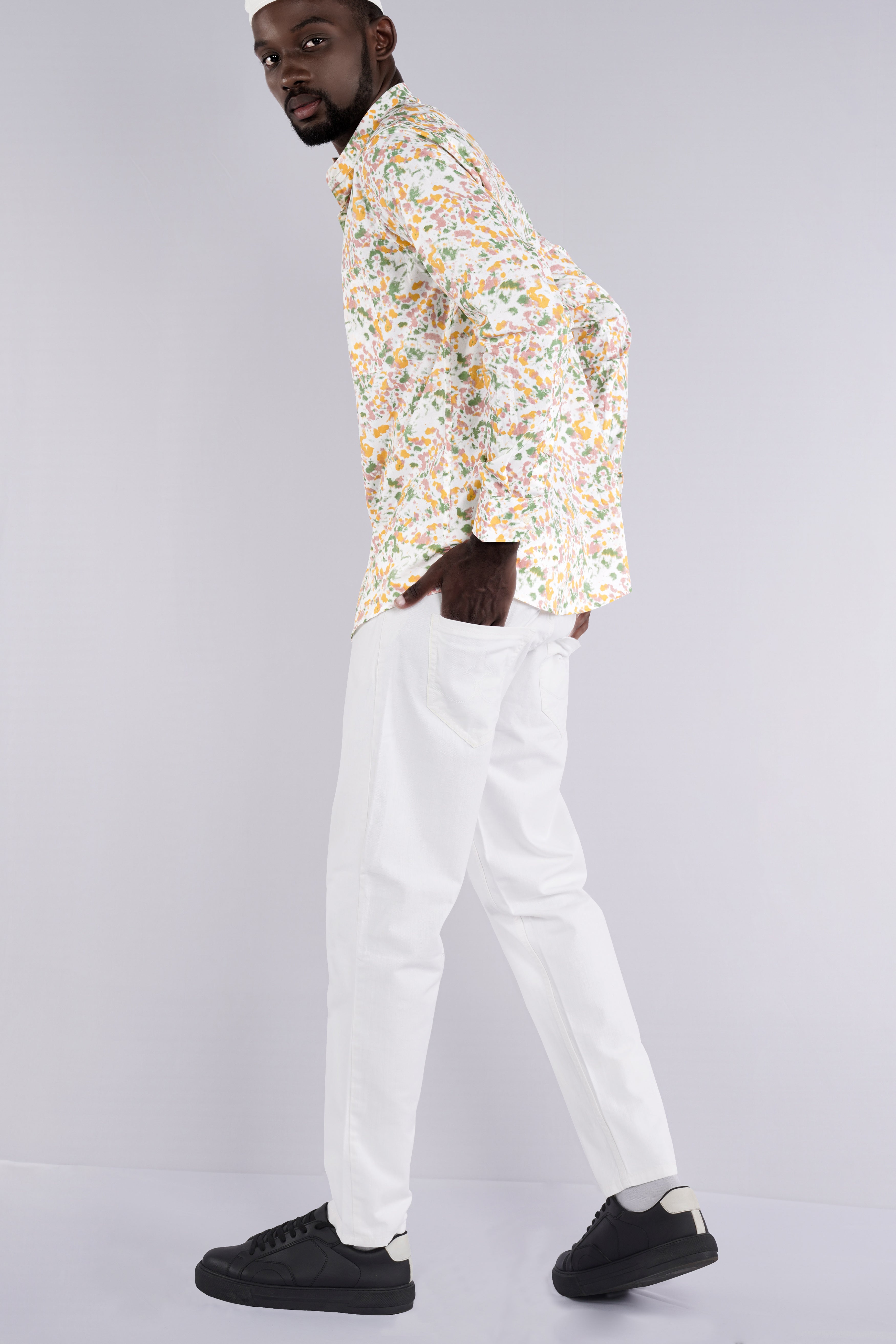 Bright White with Pale Yellow Multicolour Printed Chambray Shirt