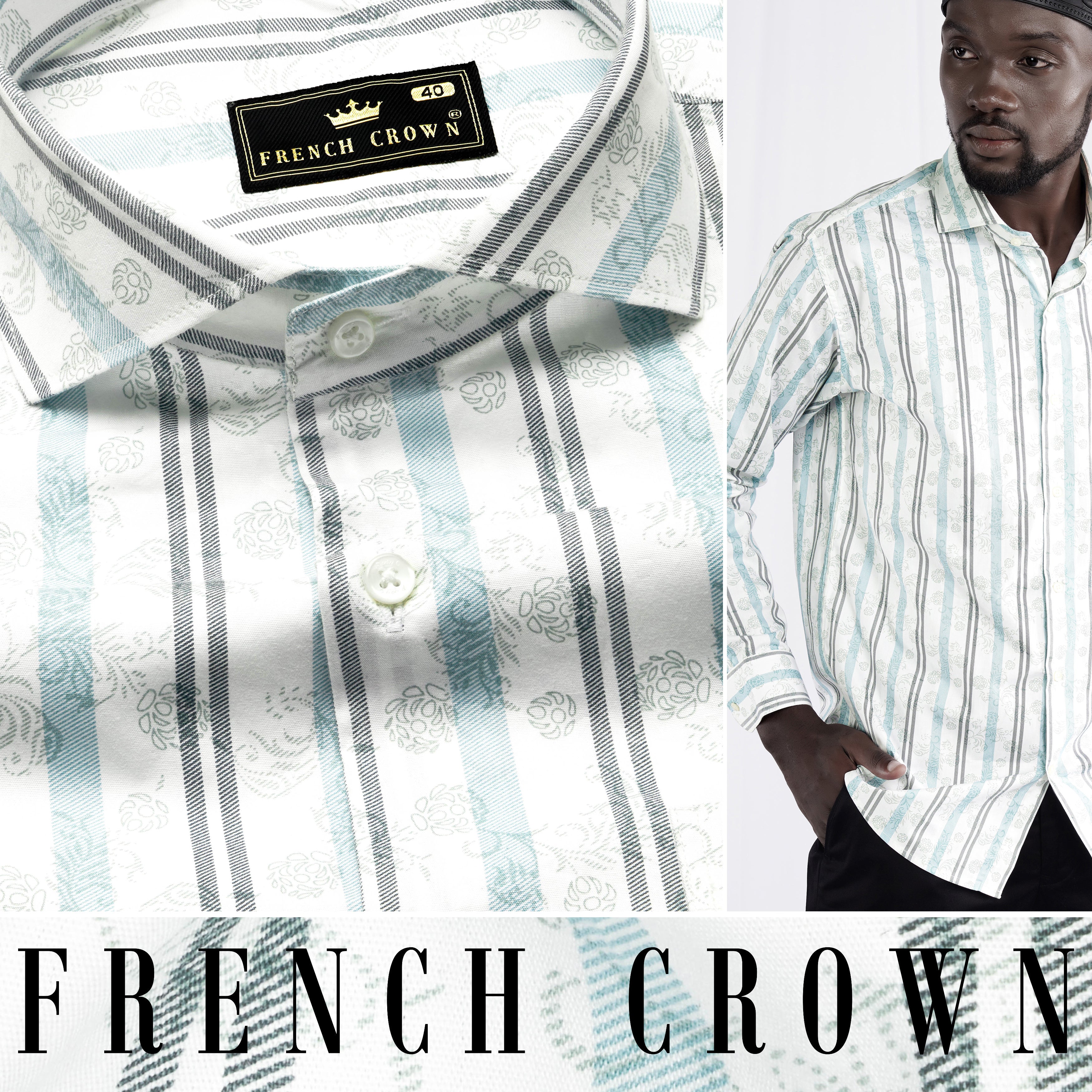 Bright White with Bluish and Celeste Gray Striped Chambray Shirt
