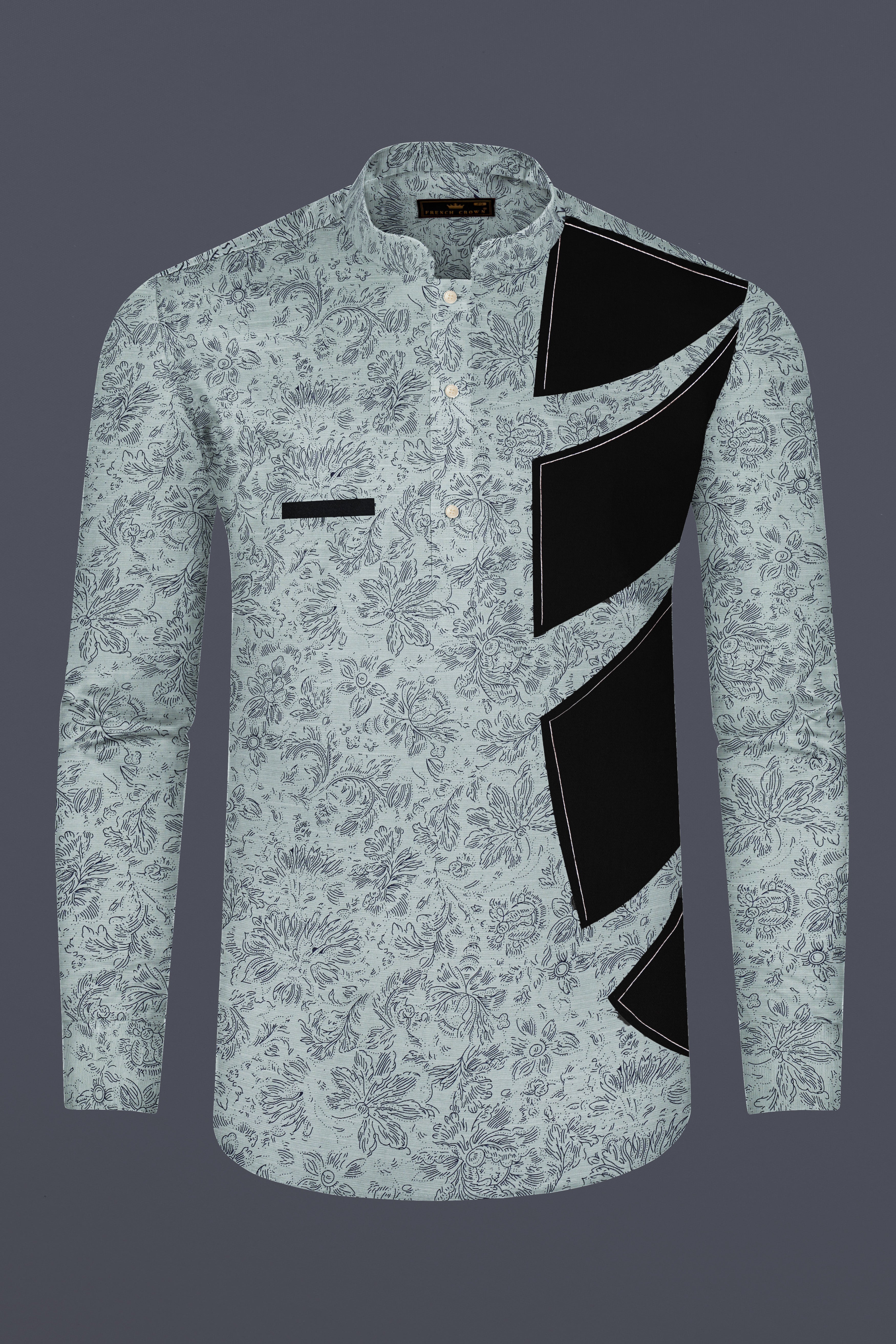 Conch Gray with Black Patch work Luxurious Linen Designer Shirt