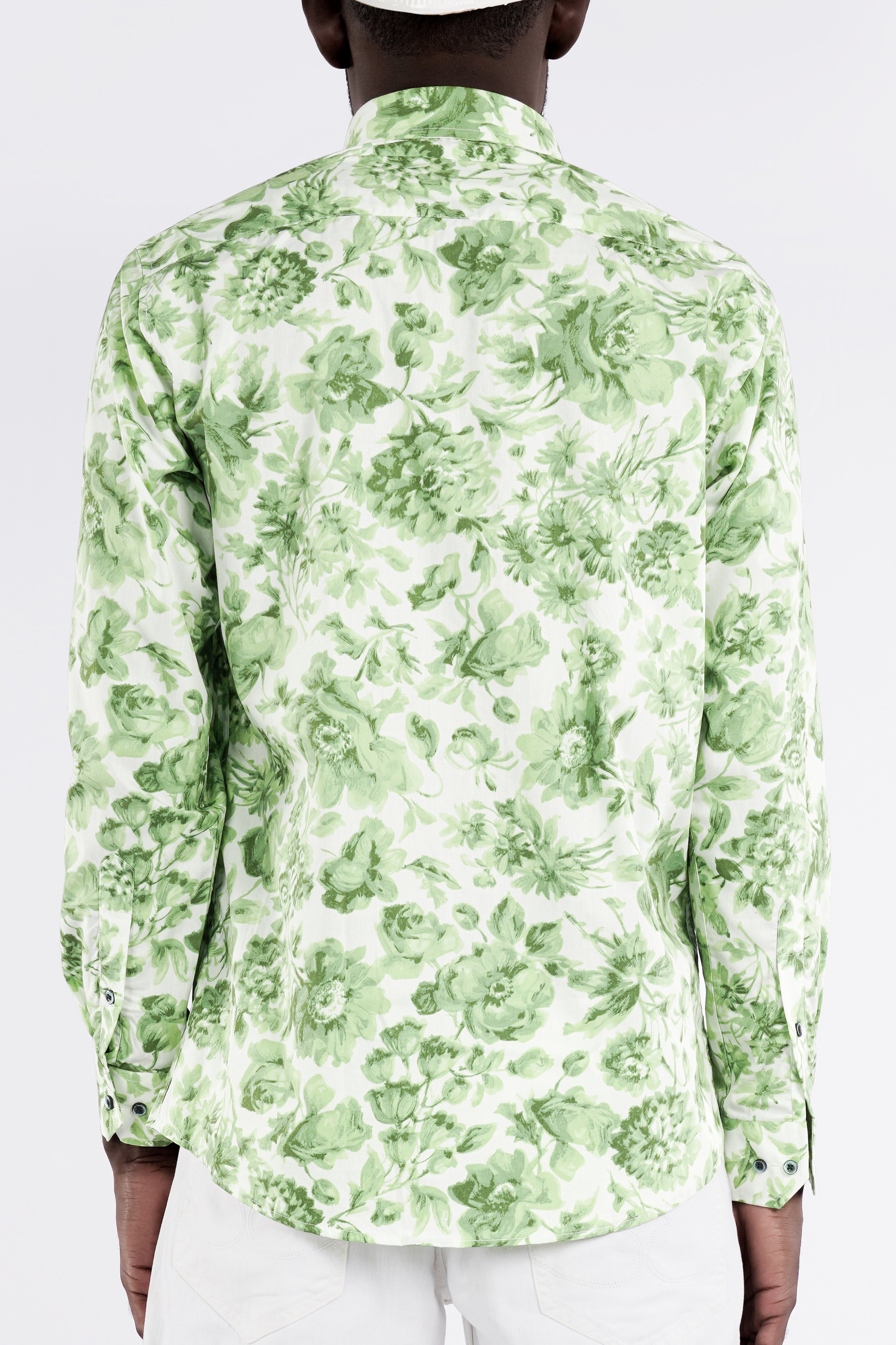 Bright White and Asparagus Green Floral Printed Premium Cotton Shirt