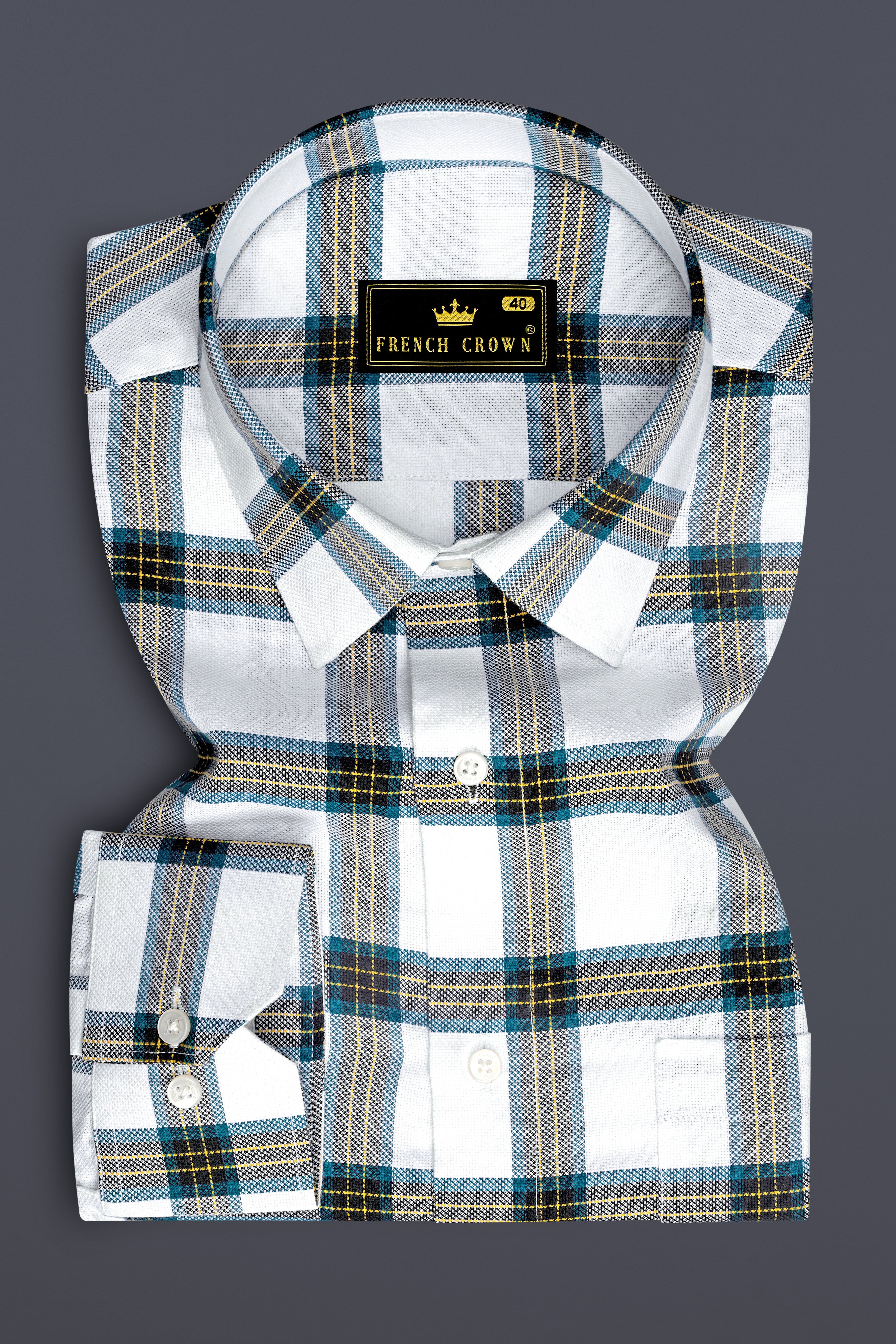 Bright White with Corn Yellow Checkered Dobby Textured Premium Giza Cotton Shirt