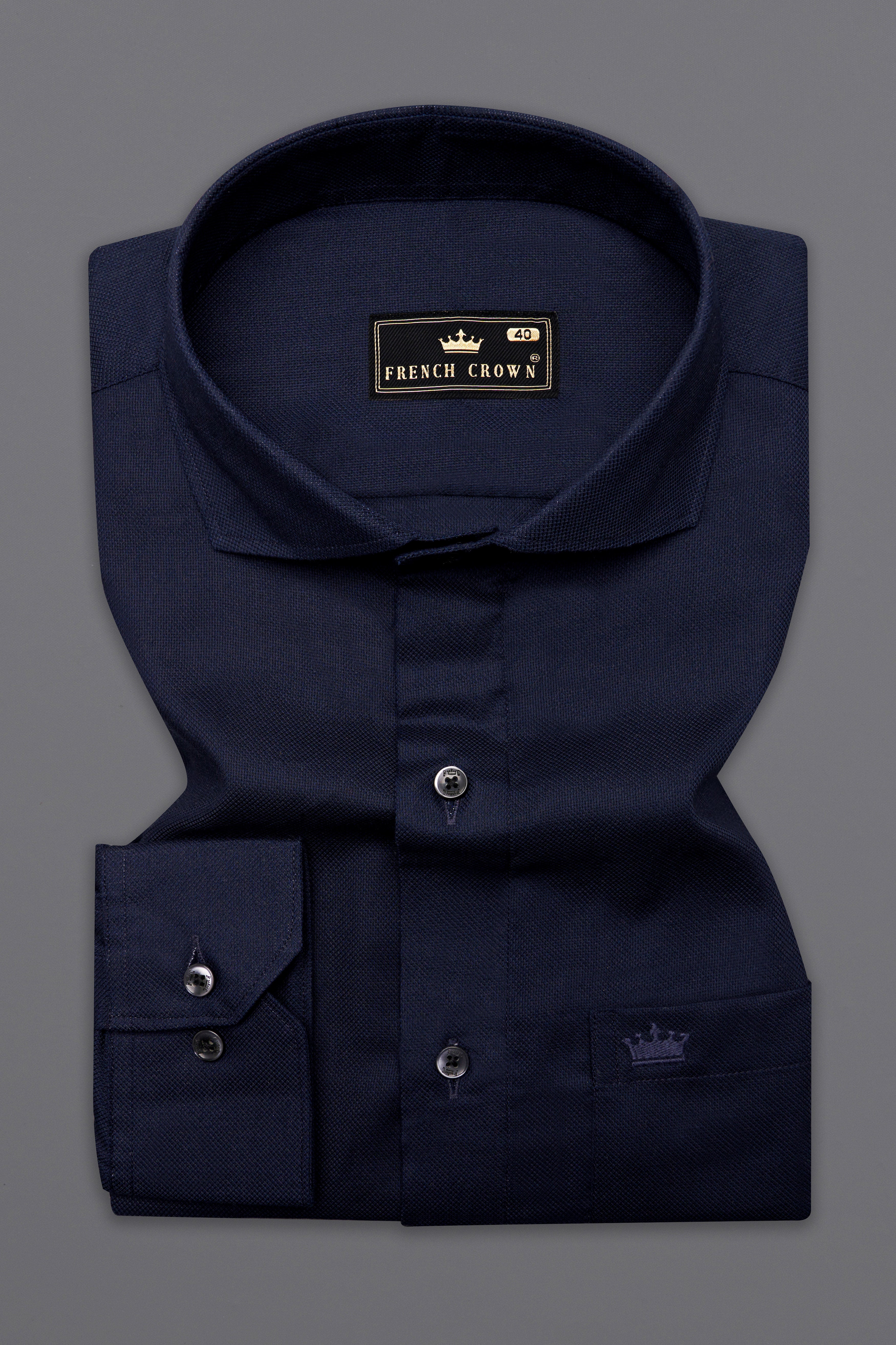 Cinder Navy Blue Dobby Textured Premium Giza Cotton Shirt