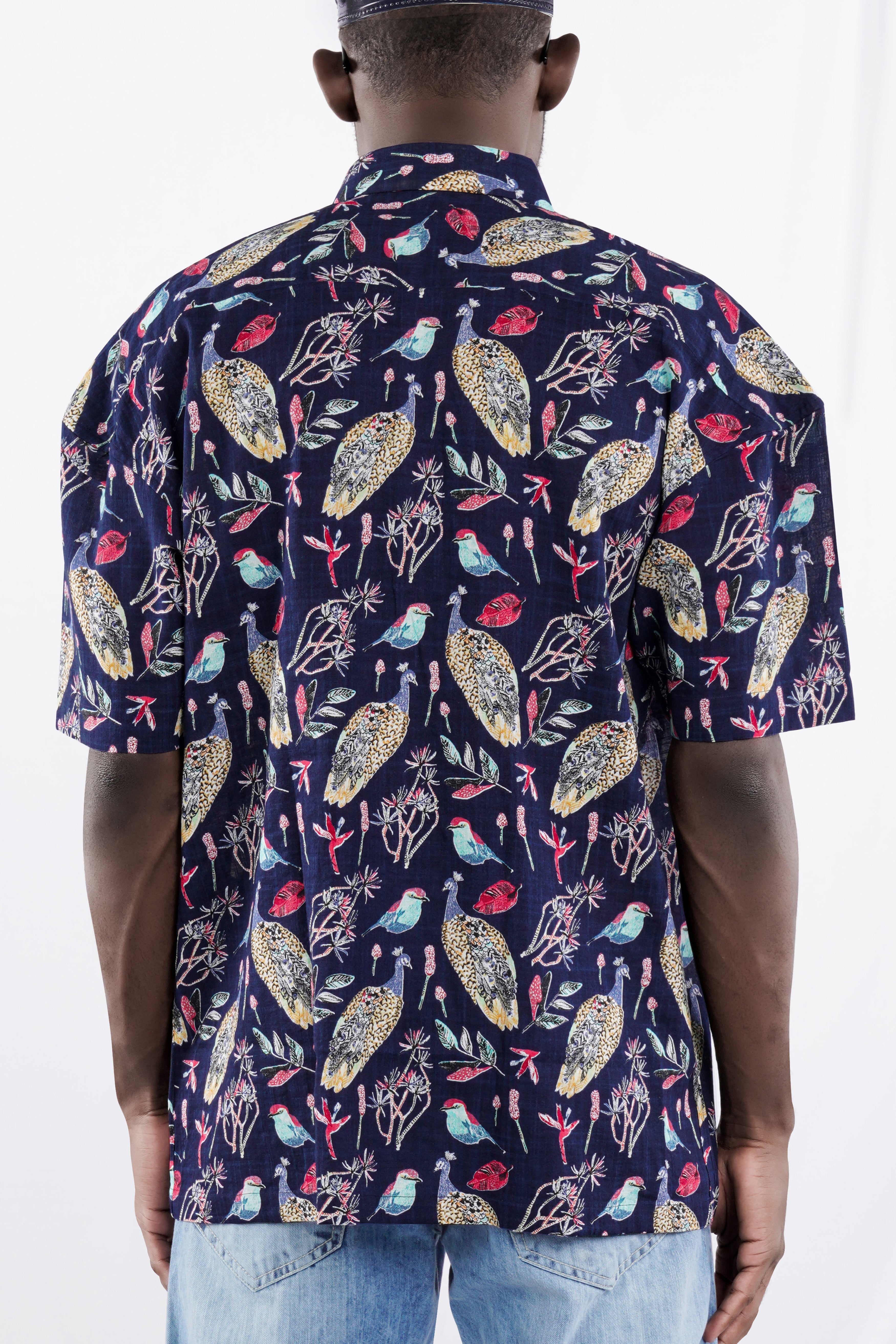 Haiti Navy Blue Peacock Printed Lightweight Premium Cotton Oversized Shirt