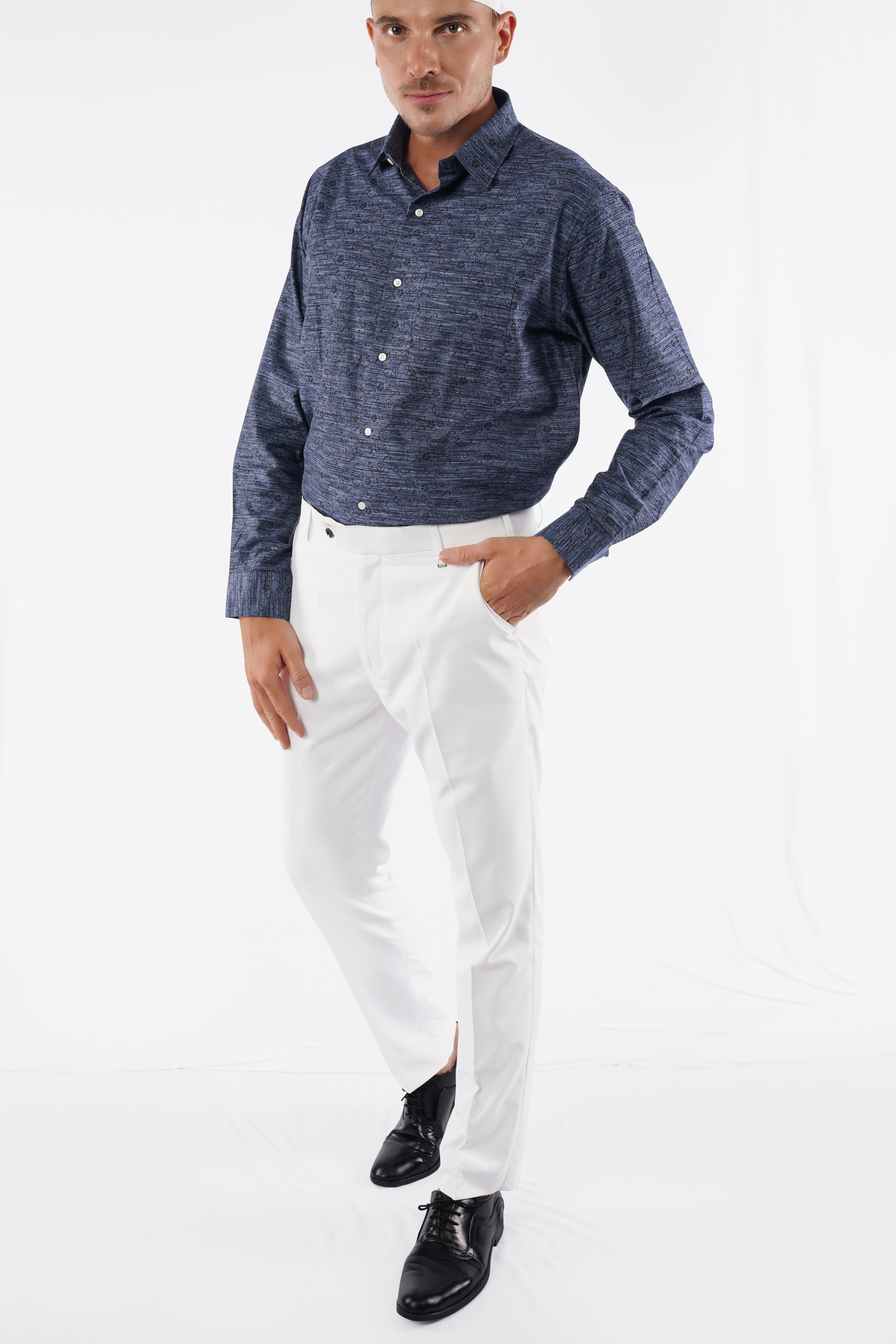 Twilight Blue and Black Jacquard Textured Premium Giza Cotton Shirt
