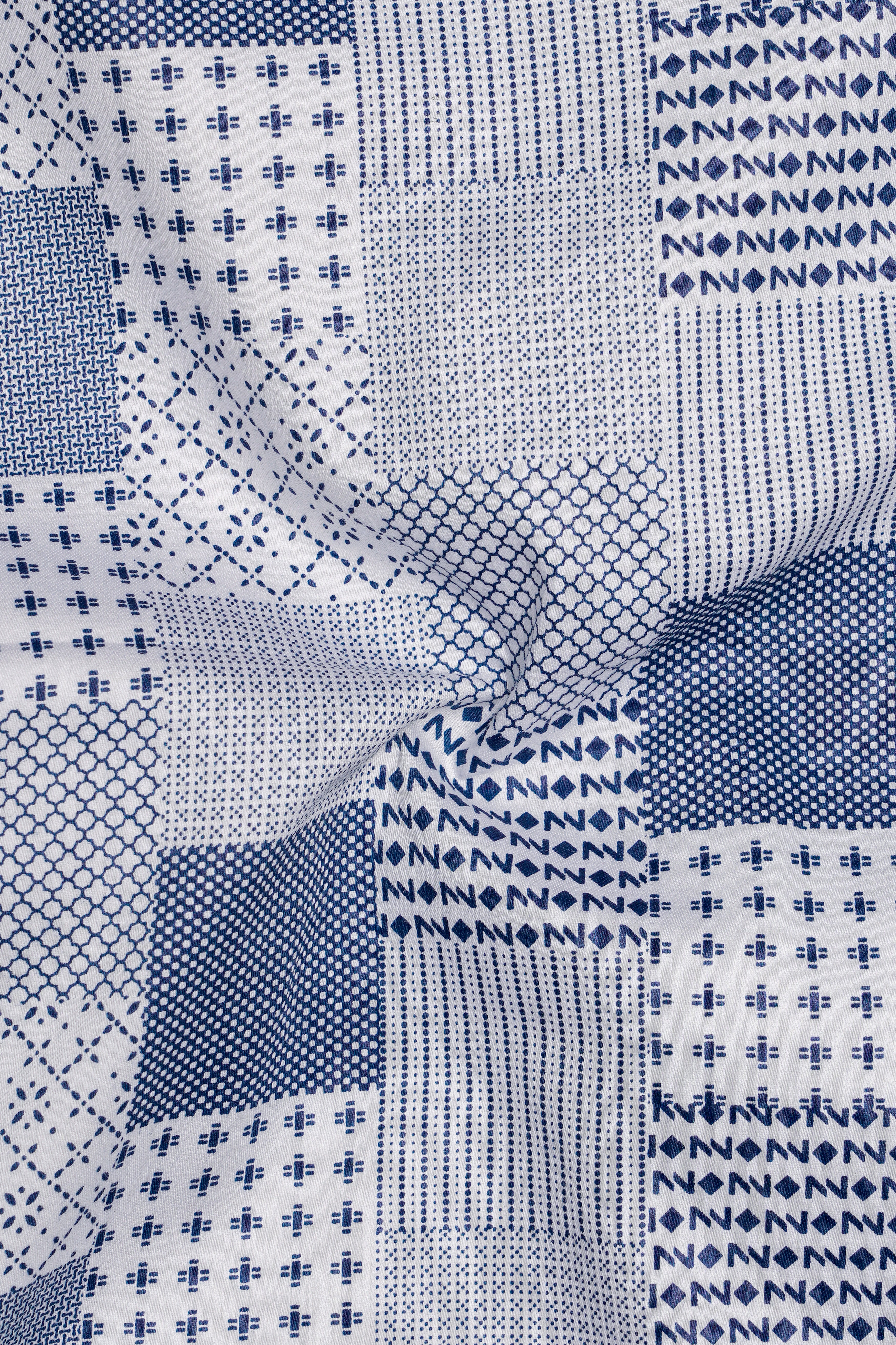 Bright White with Bluewood Blue Square Printed Super Soft Premium Cotton Shirts