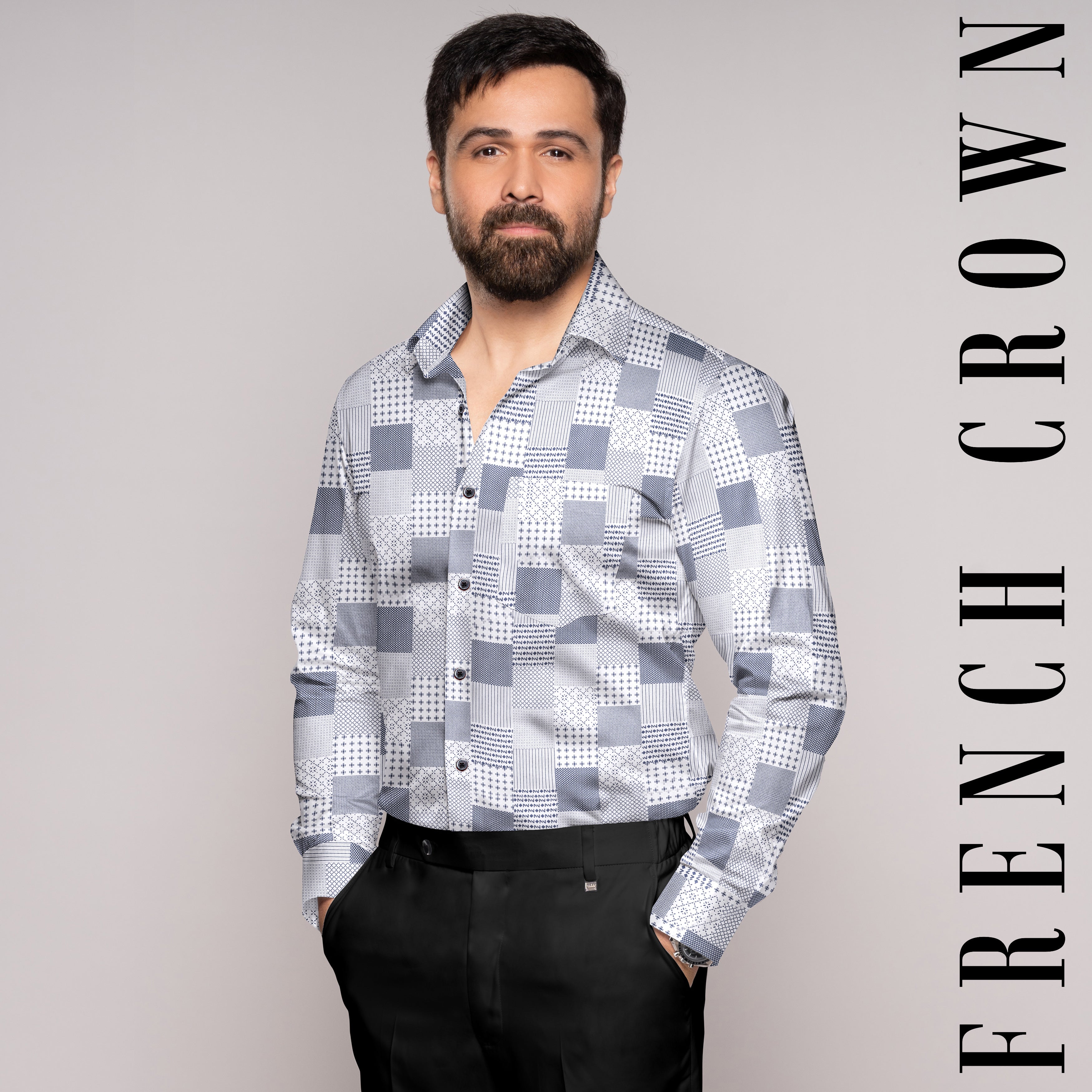 Bright White with Bluewood Blue Square Printed Super Soft Premium Cotton Shirts