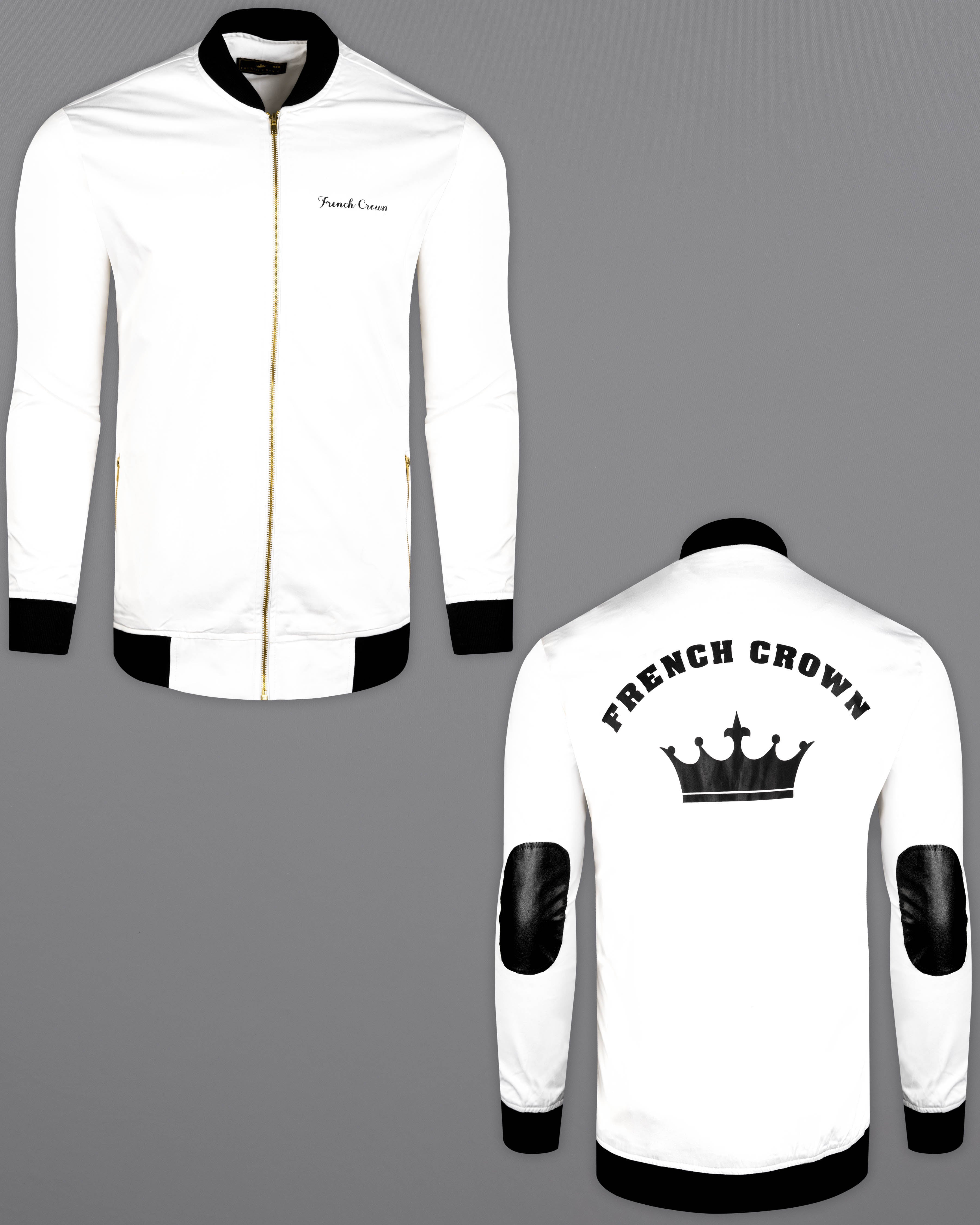 Bright White and Black Printed Premium Cotton Signature Bomber Jacket