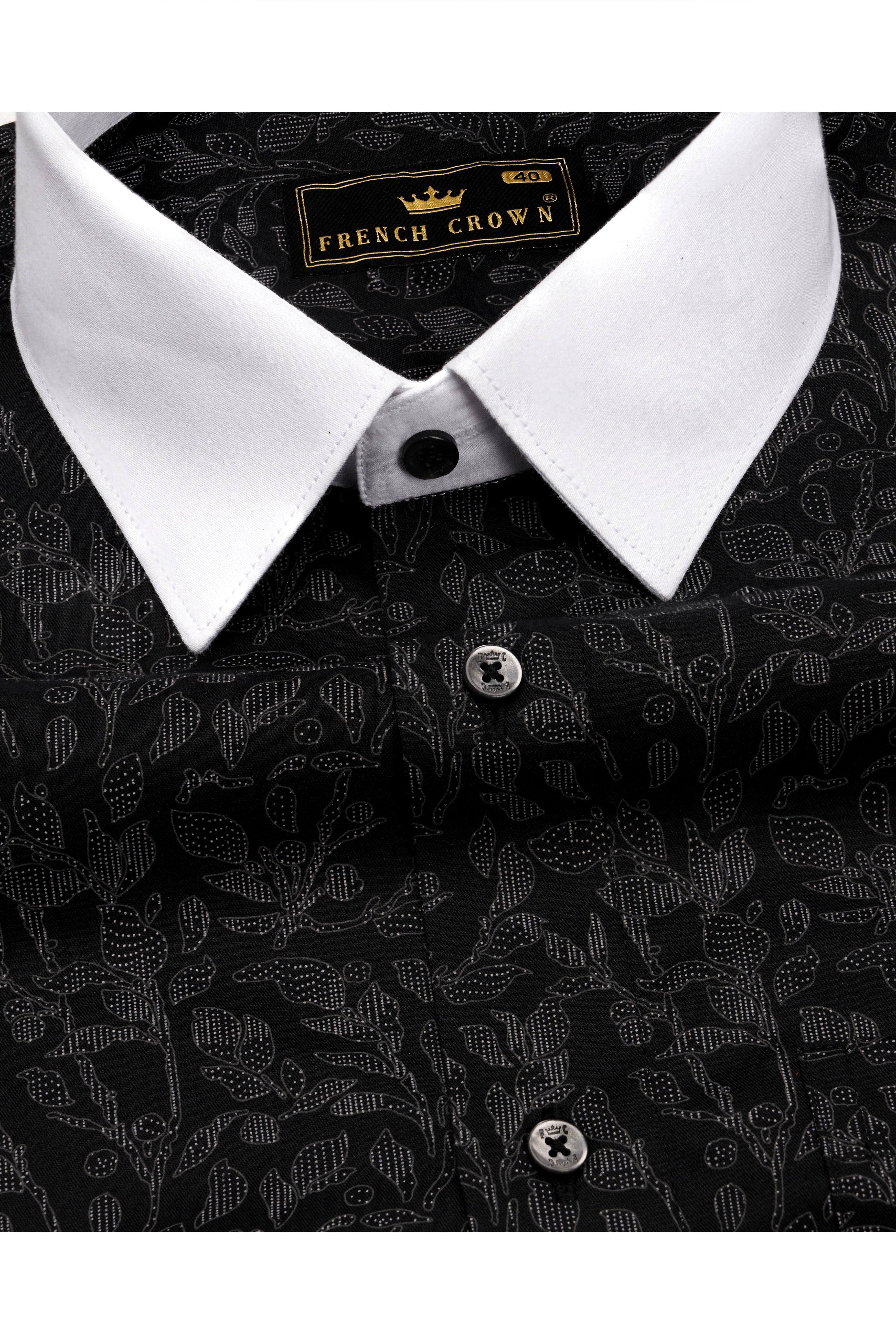 Jade Black Leaves Printed with White Cuffs and Collar Twill Premium Cotton Shirt