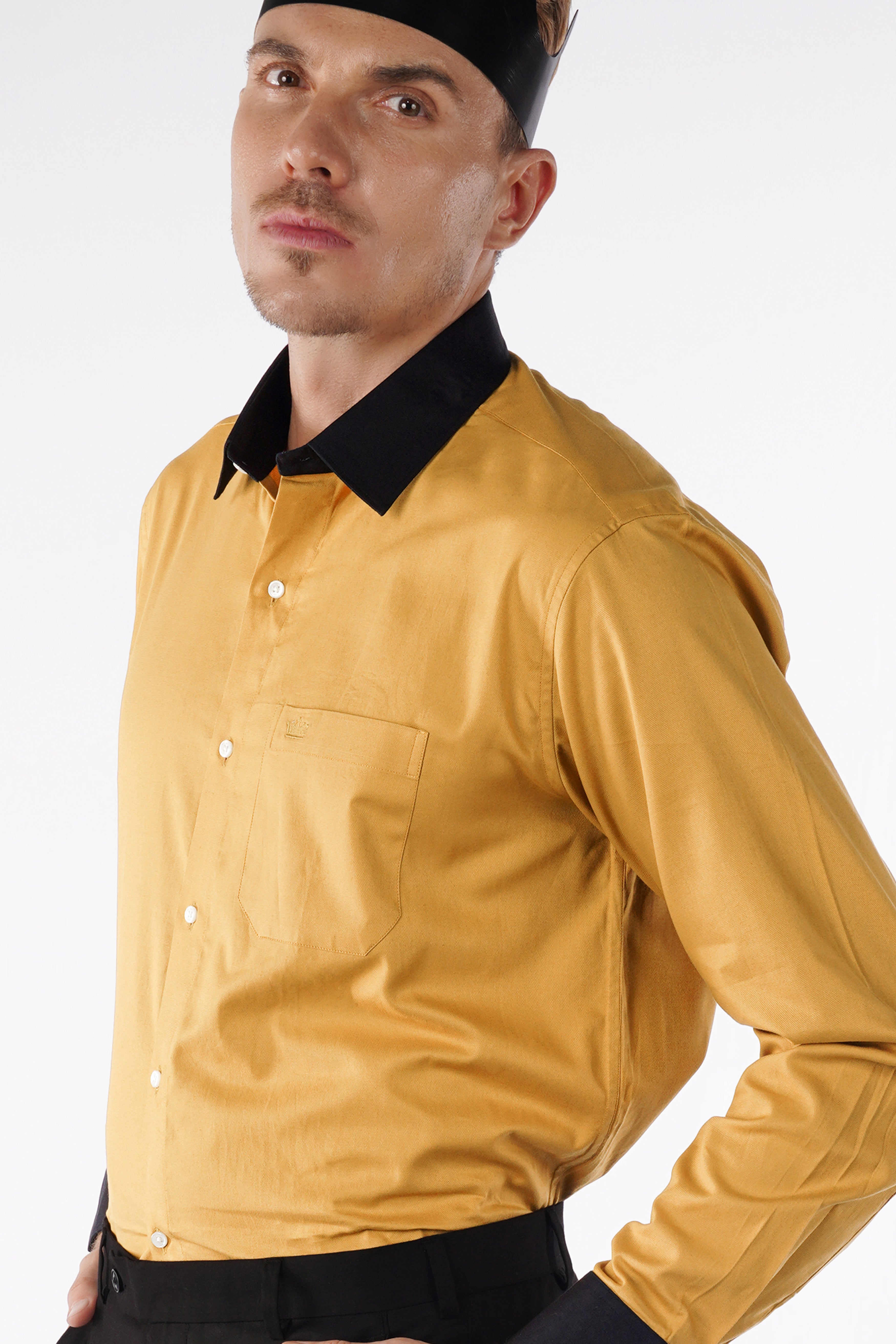 Camel Brown with Black Cuffs and Collar Dobby Textured Premium Giza Cotton Shirt